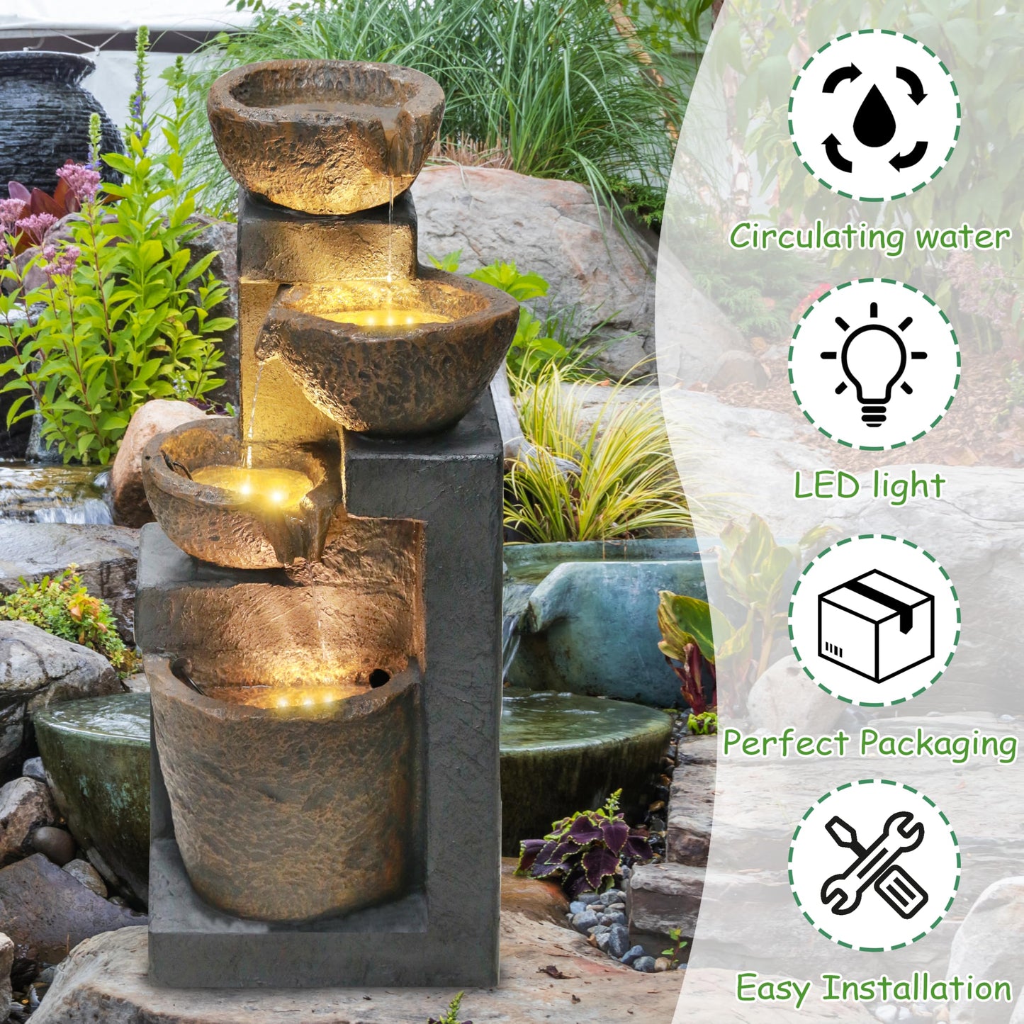 Goldshire 4-Tiers Cascading Bowls Outdoor Water Fountain with LED Light, Standing Cascading Water Feature, Faux Stacked Stones Waterfalls Fountains Decor for Garden Patio Yard and Lawn (Beige)