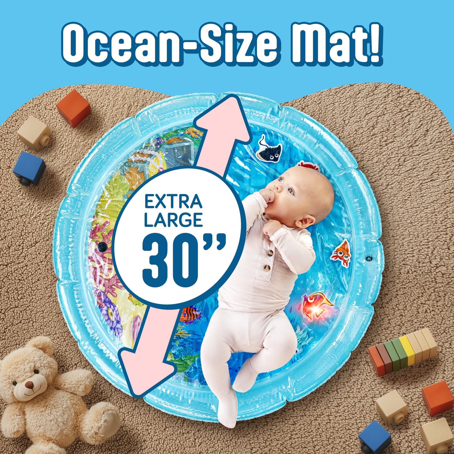 SplashEZ Lights Up Tummy Time Water Mat for Babies, 30" X-Large Baby Water Mat Tummy Time for Sensory Play with LED Glowing Fishes, Inflatable Fun Play Pad for Infants & Toddlers 3 to 36 mo