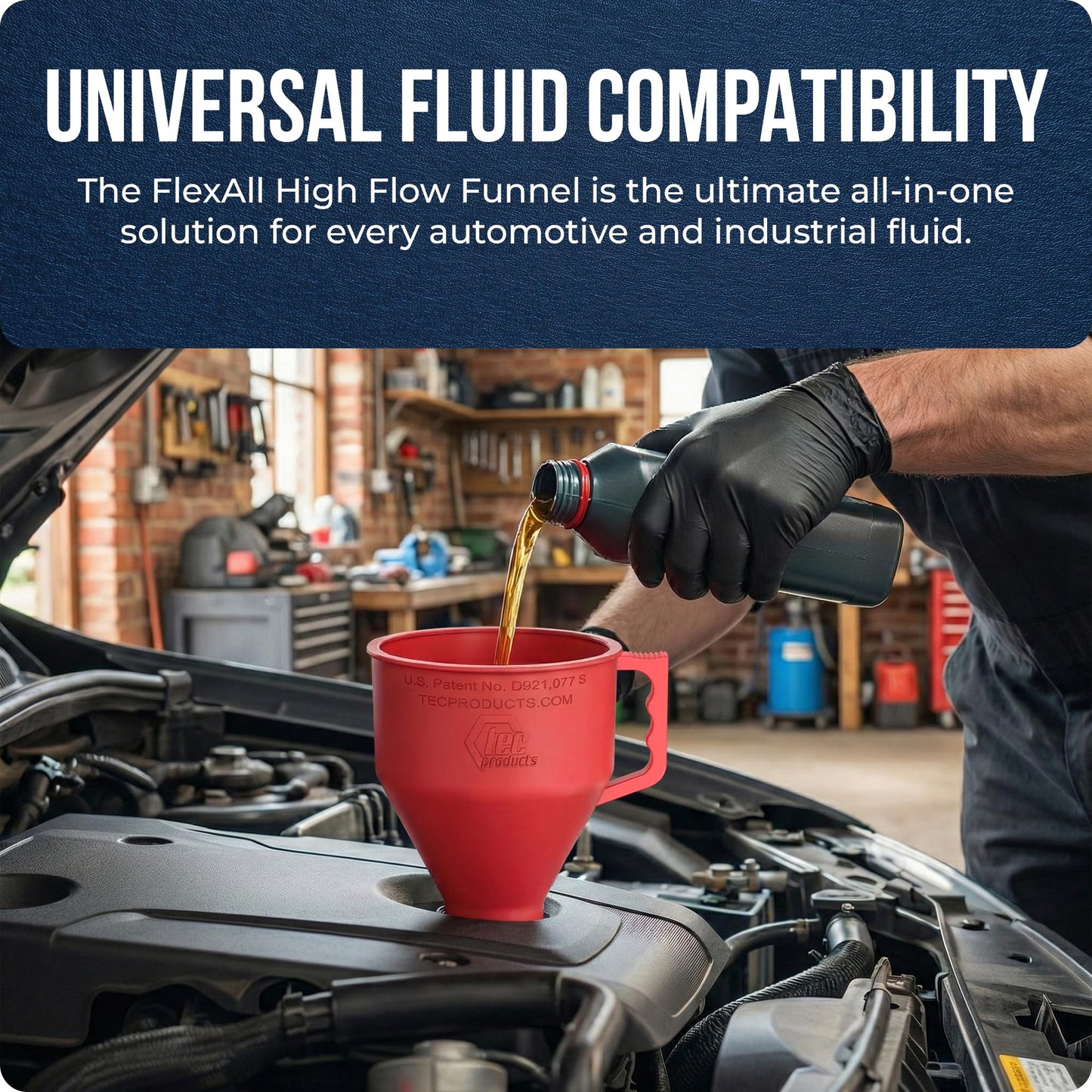 TEC Products FlexAll Short Neck Funnel - Flexible Funnel w/Hose for Automotive Use - Durable Nitrile Rubber - Car Oil Change, Transmission Fluid, Diesel, Gas - USA Made - Large (11 x 5.73 Inches)