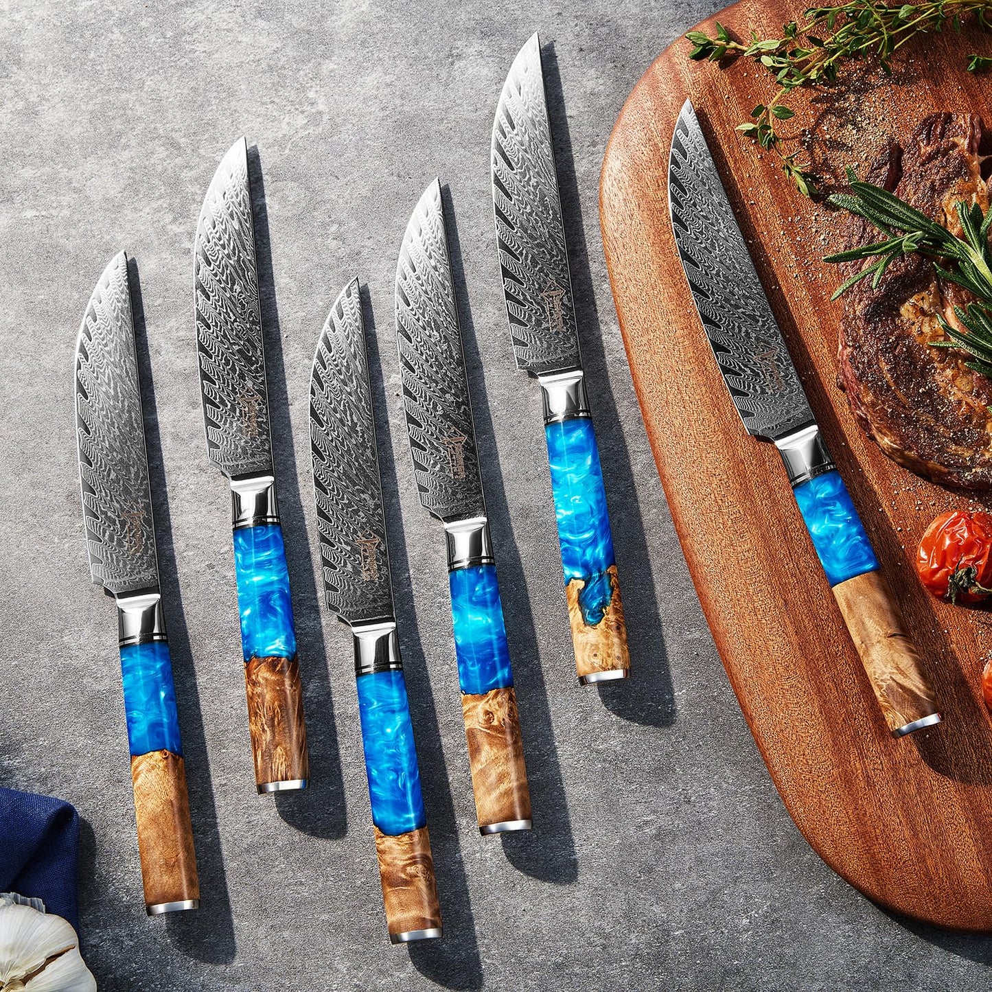 SENKEN Damascus Steak Knife Set - Tsunami Collection - 67-Layer Japanese VG10 Steel - Razor Sharp Non-Serrated Blades, Blue Resin & Natural Wood Pattern Handles, Luxury Gift Box (4 Steak Knife Set)