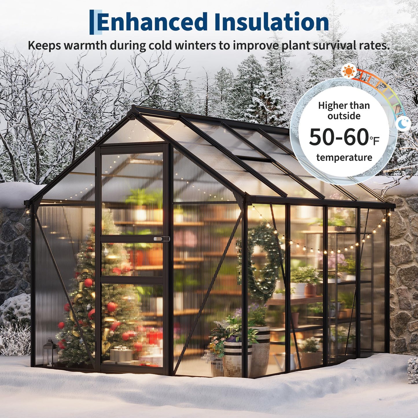Greenhouse, 8×6FT Greenhouses for Outside, Polycarbonate Greenhouse with Aluminum Frame, Lockable Door and Ajustable Roof Vent for Backyard, Green Houses for Outside Garden Backyard, Patio
