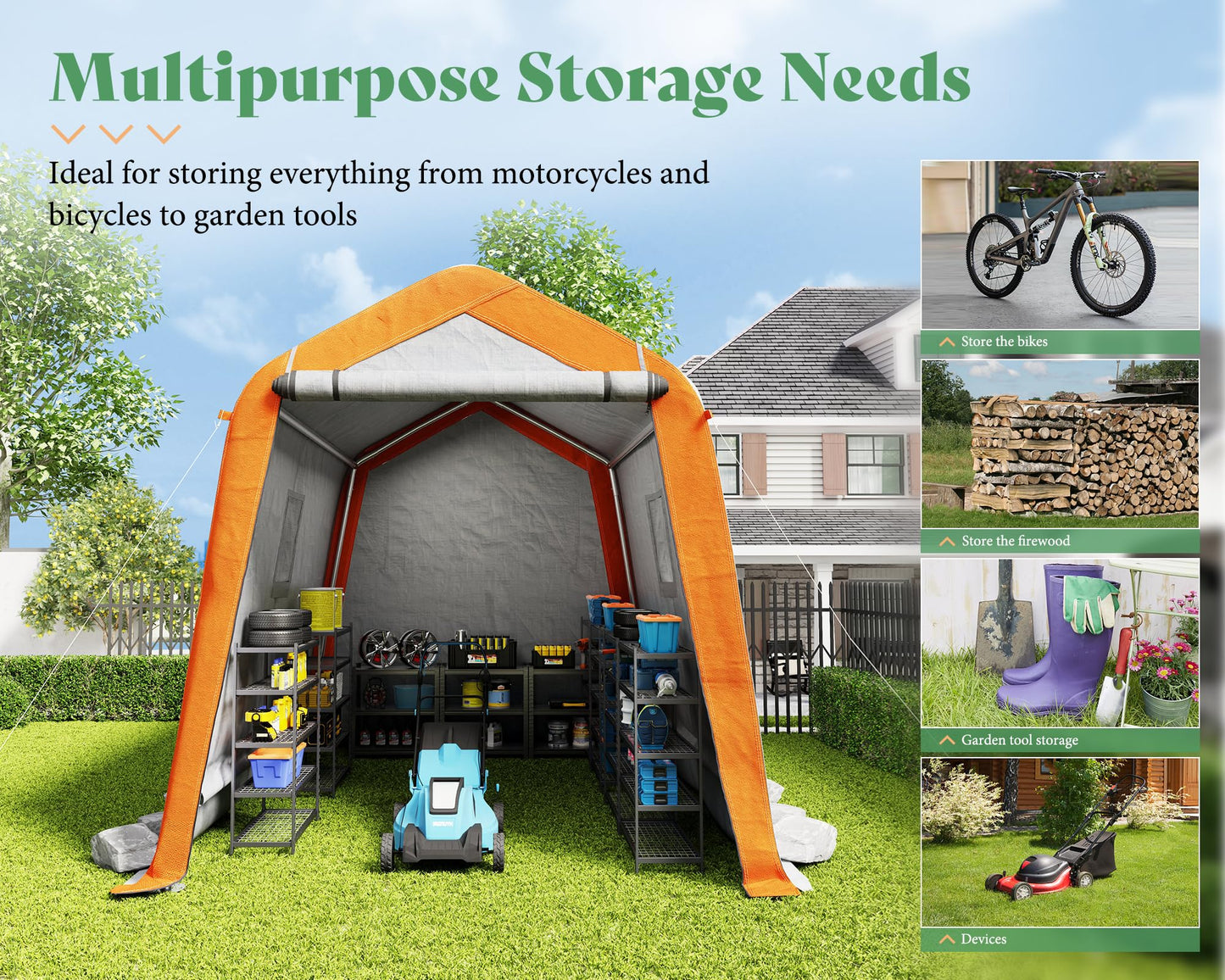 AMERLIFE 6x8x6.6 FT Heavy Duty Portable Shed Storage Shelter, Outdoor Storage Shed with 2 Waterproof Windows & Roll-Up Zipper Door, Carport for Motorcycle, Bike, Gray
