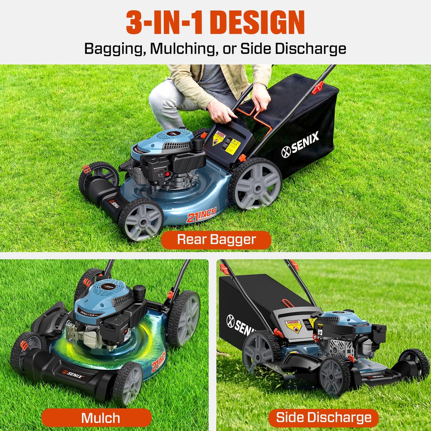 SENIX 144 cc 21-inch Push Lawn Mower, Gas-Powered 4-Stroke Engine, 3-in-1 Design, Steel Deck, 6-Level 1.25''-3.75'' Cutting Height, with 1.7 Bushels Grass Bag