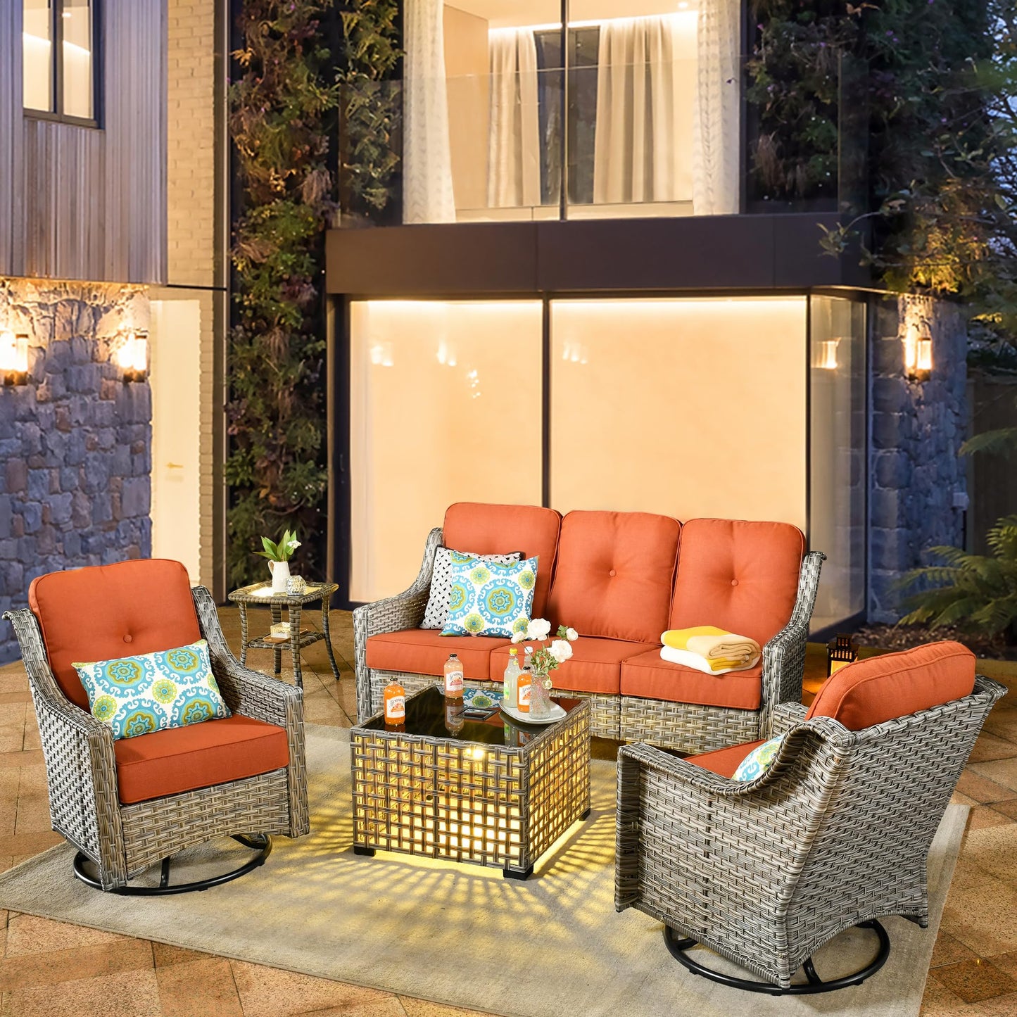HOOOWOOO Patio Furniture Set,5 Pieces Wicker Outdoor Furniture,High Back Conversation Set with All Weather Resistant Solar Light Table Couch Swivel Chairs,Orange Red