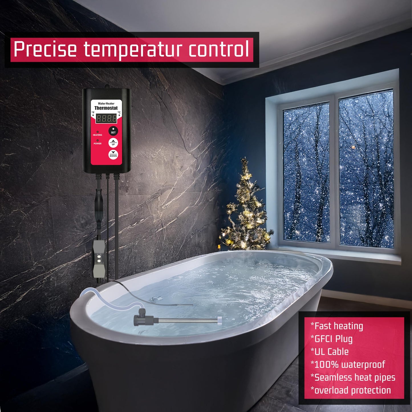 YLboyLIAN 1800W Titanium Submersible Electric Immersion Water Heater with Temp Control & GFCI – Portable Heater for Hot Tubs, Above-Ground Pools, Inflatable Pools, Baptistry, Spa Tubs & Swimming Pools