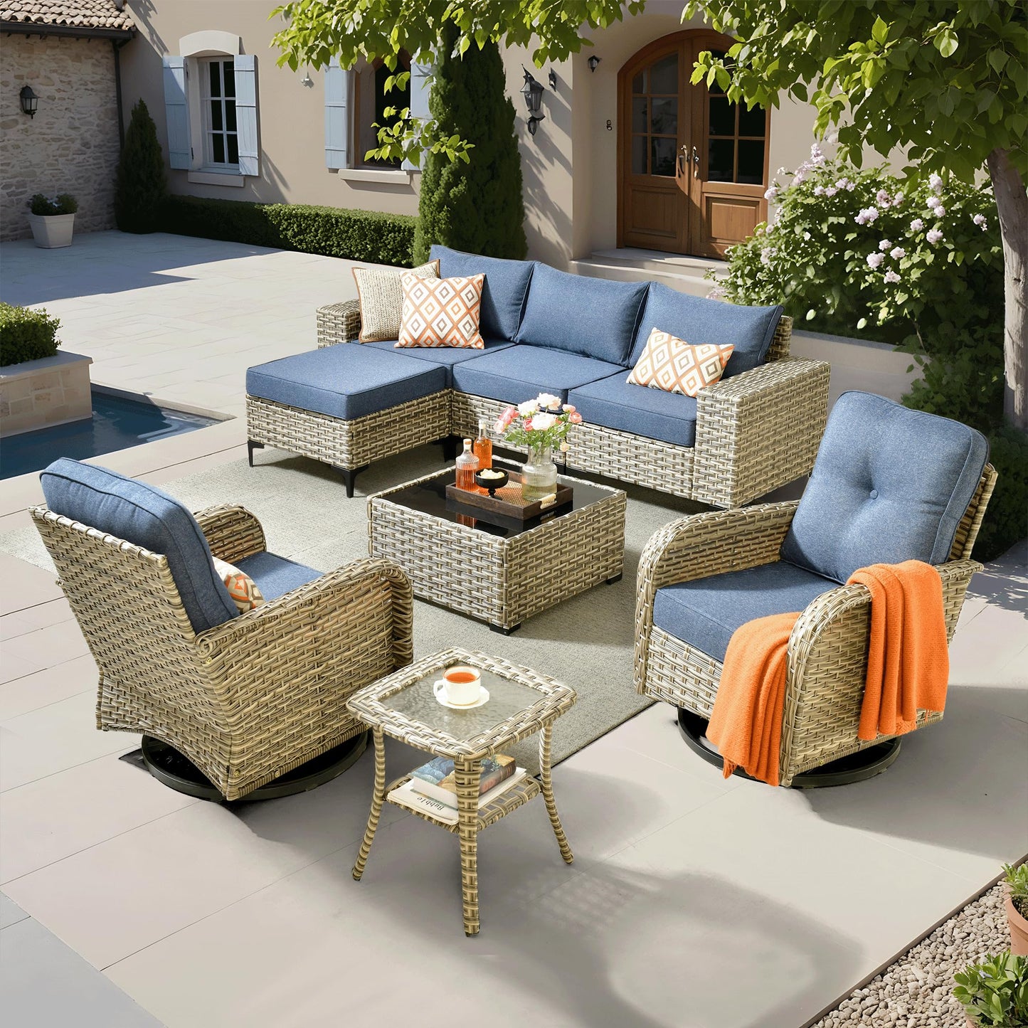 ovios 8-Piece Patio Furniture Outdoor Sectional Sofa Couch with Rocking Swivel Chairs Deep Seat Chaise Comfy Cushions, Modern Modular Wicker Rattan Conversation, Denim Blue