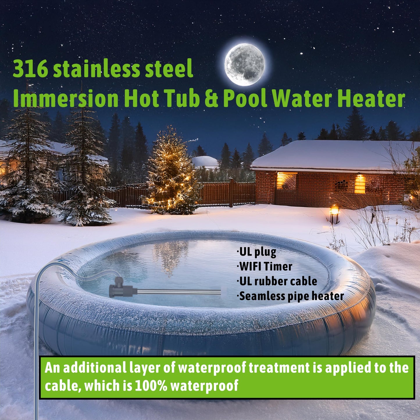 LINGLONGTEMP 240V 3500W Submersible Immersion Water Heater for Hot Tub & Pool – Portable Electric Heater with Temp Control & Wifi Timer for Bathtub, Inflatable Pool, Above Ground Pool, Baptistry & Sap