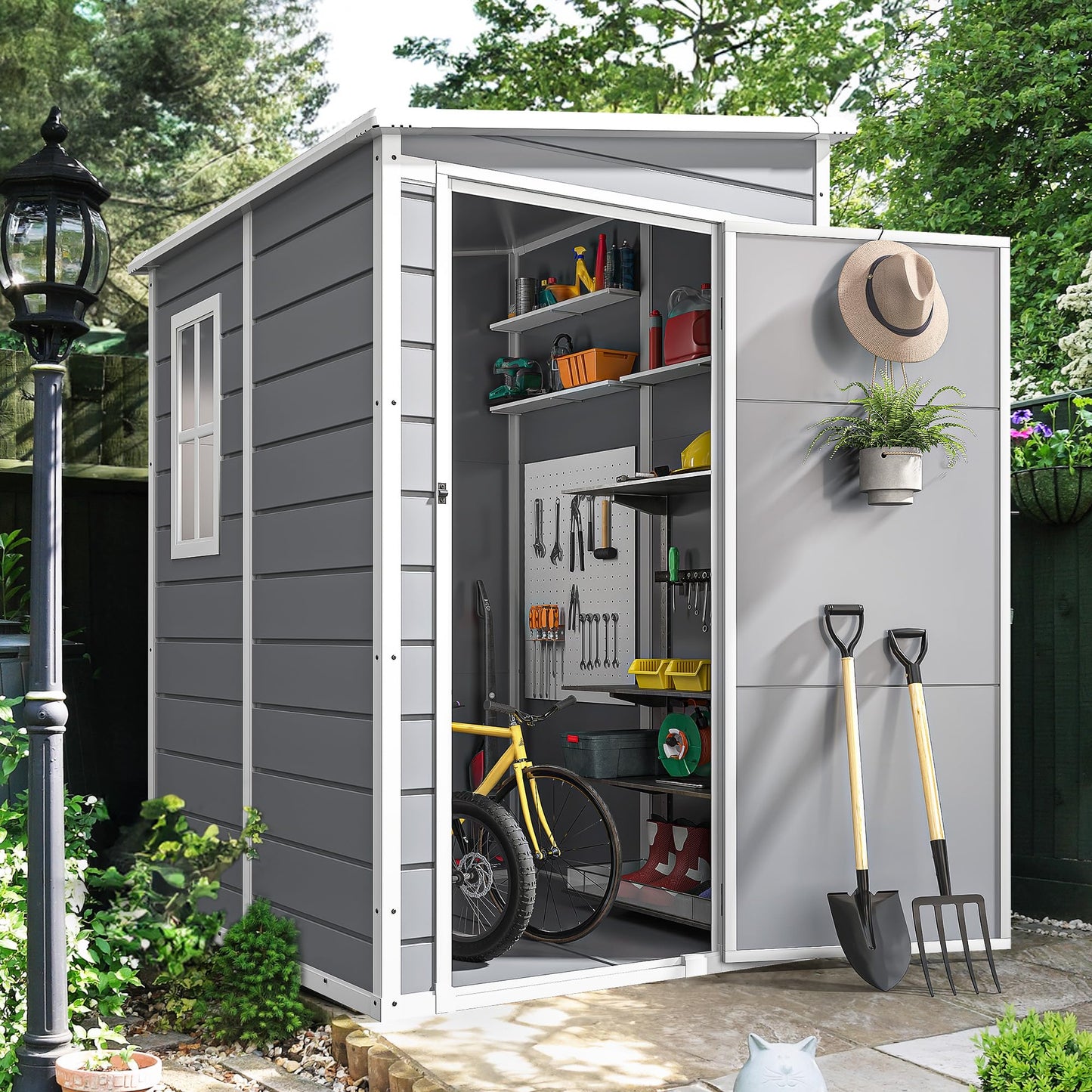 DWVO 5x4ft Resin Outdoor Storage Shed with Floor, Large Waterproof Lockable Storage Shed with Window, Plastic Outside Tool Storage for Garden, Backyard, Patio, Lawn (Gray)