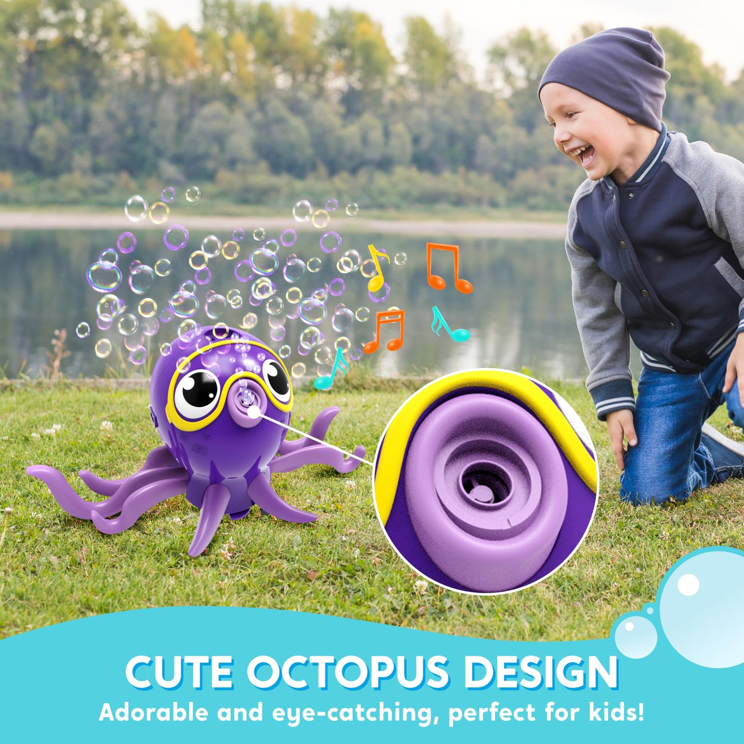 SYNCFUN Dancing Octopus Bubble Machine with Music, 360° Moving & Auto-Avoidance, Cute Bubble Machine Gun Blower with Solution Refills for Kids,Easter,Outdoor, Birthday,Party