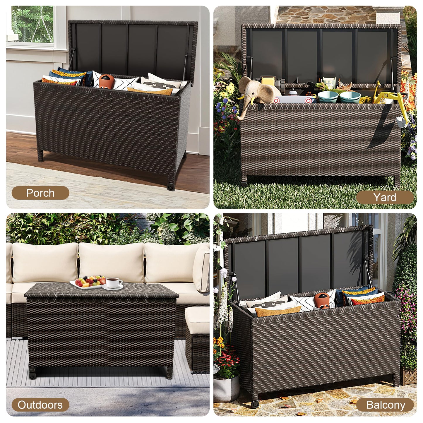 125 Gallon Outdoor Storage Box with Wheels - Large Wicker Rattan Deck Box for Patio Cushions, Garden Tools, Pool Floats & Pillows, All-Weather Patio Furniture Storage, Brown