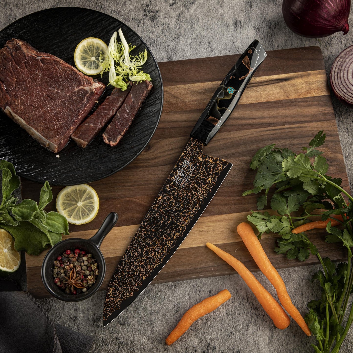 ANJIN-SAMA 8" Gyuto – Handmade Japanese CuMai Copper Damascus Chef Knife – Ultra Sharp Kitchen Chopping Knife.