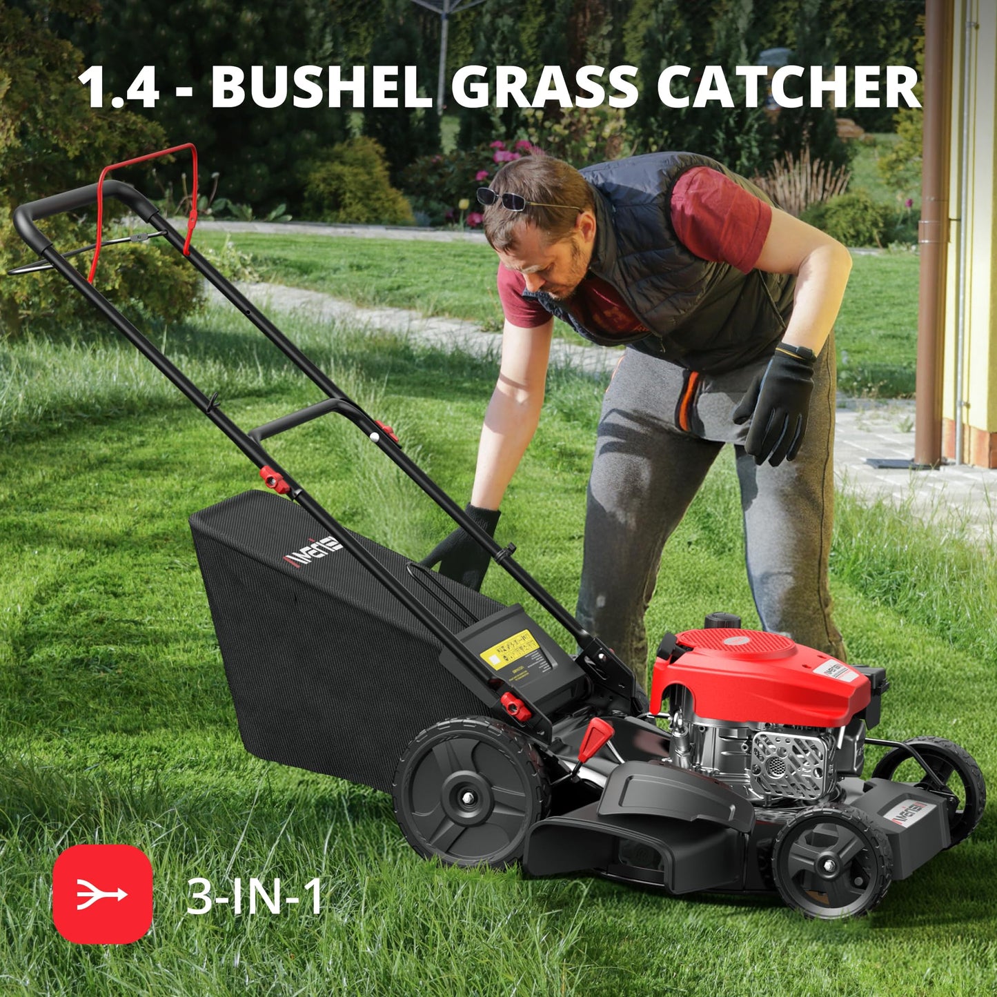 21" Steel Deck Gas Lawn Mower, 3-in-1 Push Mower, 144cc 4-Stroke OHV Engine, 6 Height Adjustment, 1.4 Bushel Grass Catcher with Bagging, Mulching & Side Discharge Efficient for Yard Garden