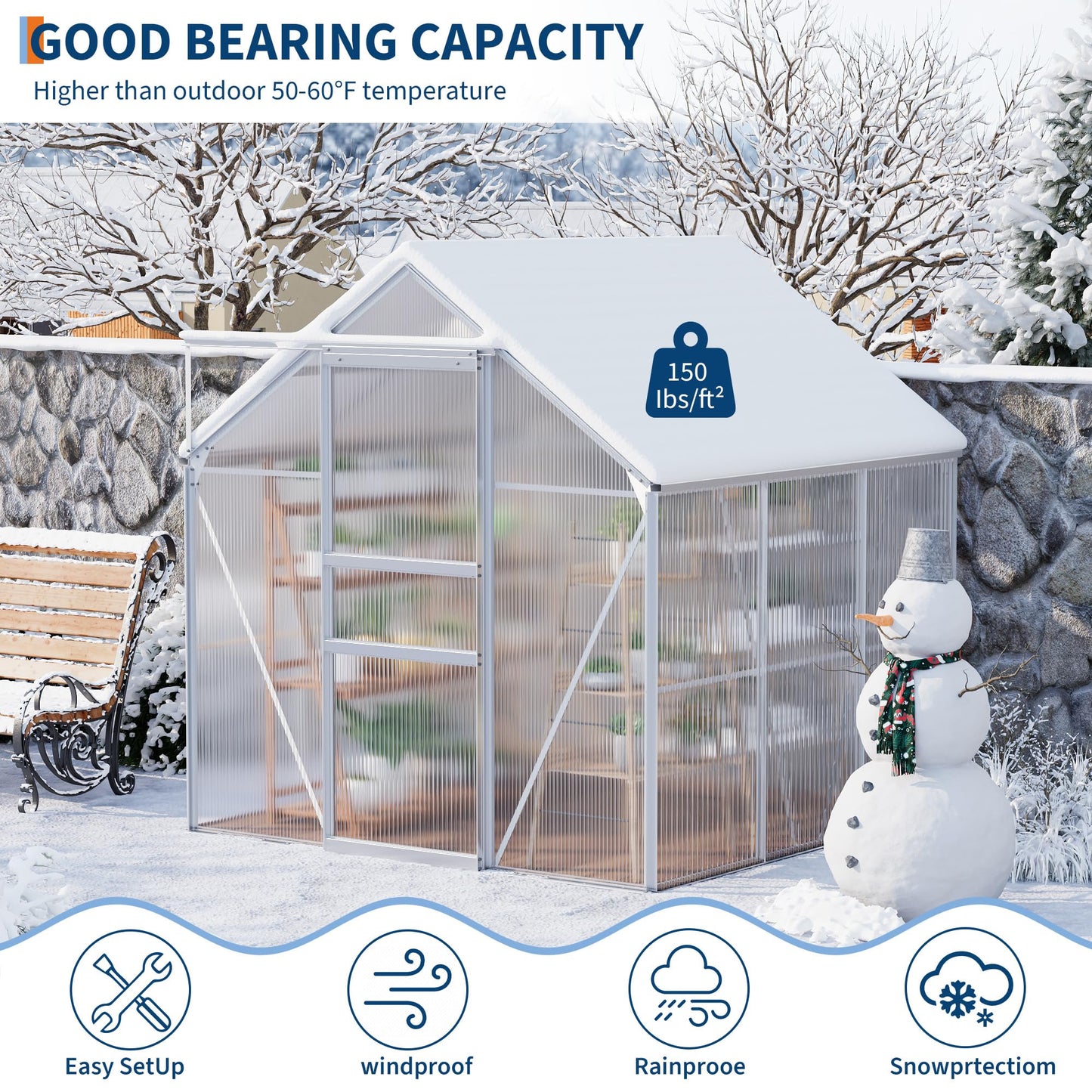 GarveeHome 6 x 6 FT Polycarbonate Greenhouse, Winter Greenhouses for Outdoors with Aluminum Frame, Sliding Door, Adjustable Roof Vent, Backyard Green Houses, Patio Garden, Silver