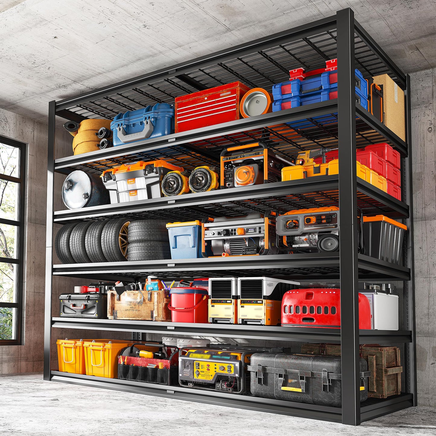 REIBII Garage Shelving 3500LBS, 6 Tier Storage Shelves, Adjustable Heavy Duty Shelving Unit, Metal Shelf for Warehouse, Basement, Pantry, Factory, 55" W x 26" D x 84" H, Black