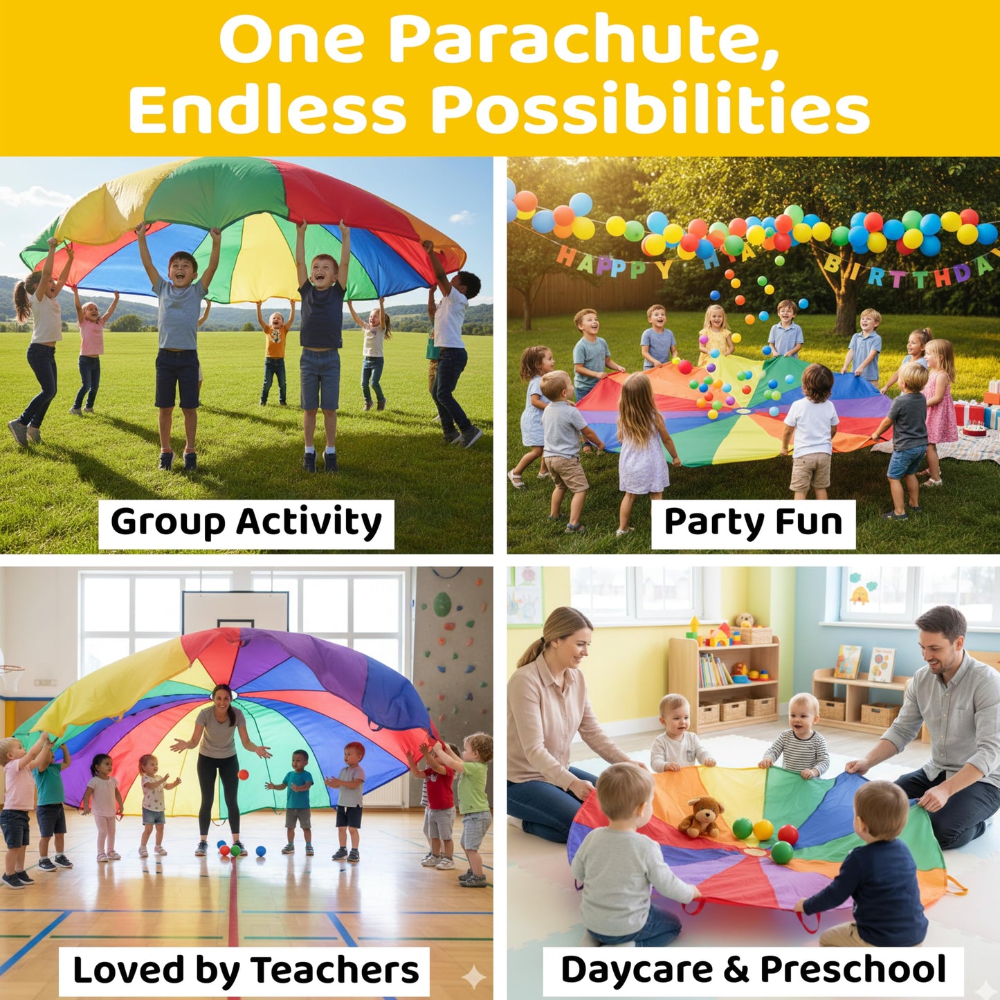 GSi Kids Play Parachute Rainbow Parachute Toy Tent Game for Children Gymnastics Cooperative Play and Outdoor Playground Activities (12 Feet)
