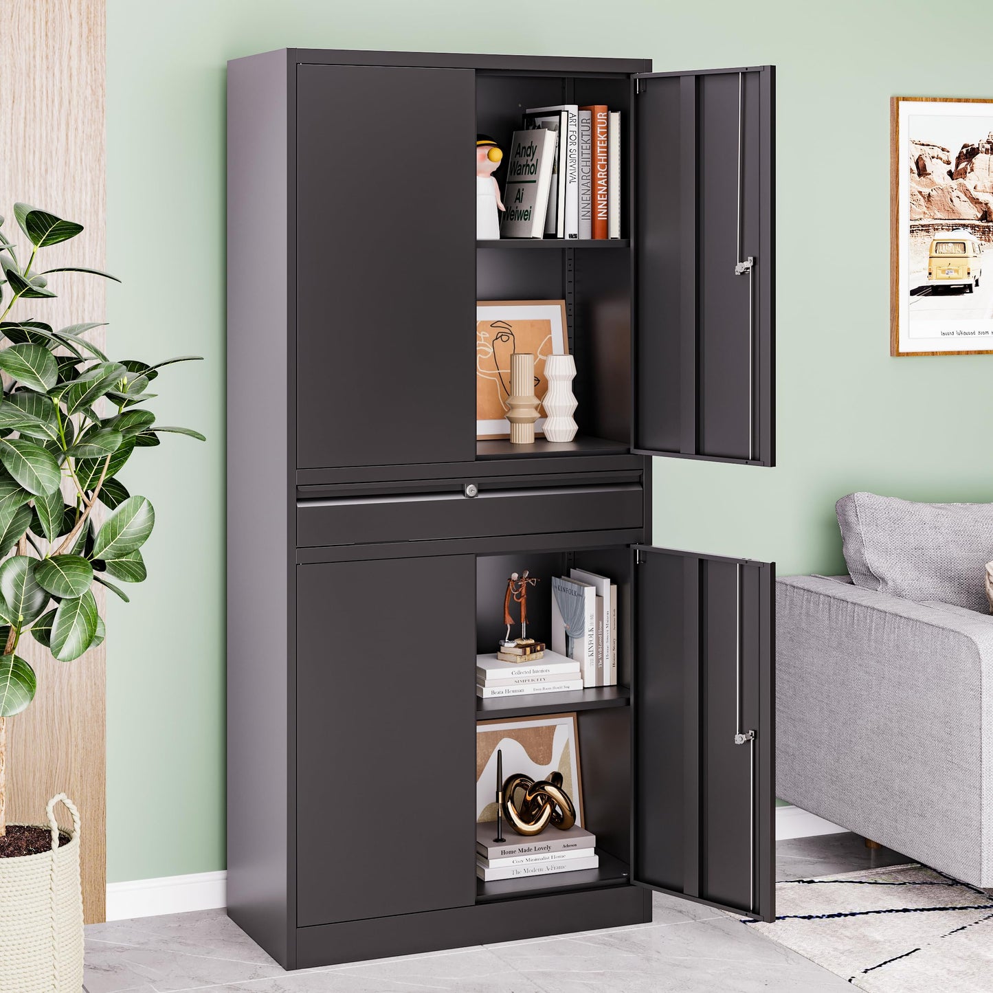 LISSIMO Metal Storage Cabinet with with Drawer, Garage Storage Cabinet with Locking Doors and Adjustable Shelves for Garage, Home Office,Warehouse (Black)