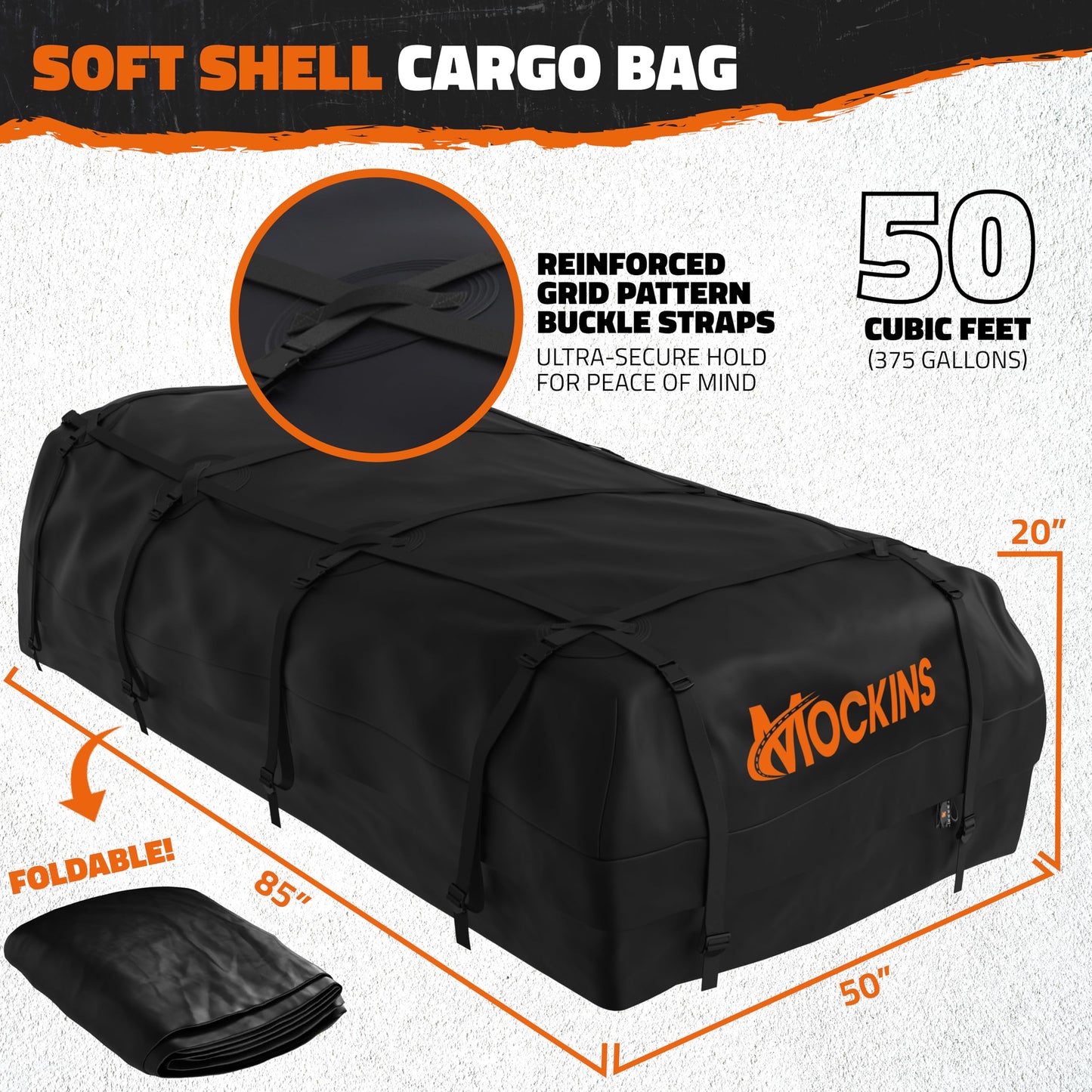 Mockins XXL 90"x50"x6" Heavy Duty Roof Rack Cargo Carrier w/ 50 CuFt Waterproof Rooftop Cargo Bag for Top of Car | All-Weather 250 Lbs Cap Car Top Carrier Roof Basket for SUV RV Van w/Accessories