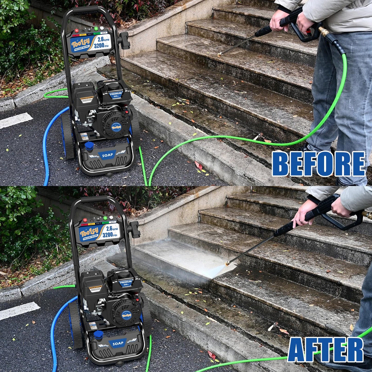 TOOLCY Gas Pressure Washer 3200 PSI & 2.6 GPM, High Performance Engine, Includes Swivel Spray Gun and Wand, 35FT Power Washer Hose, 5 Nozzle Tips, Onboard Soap Tank, for Cars/Driveways/Homes