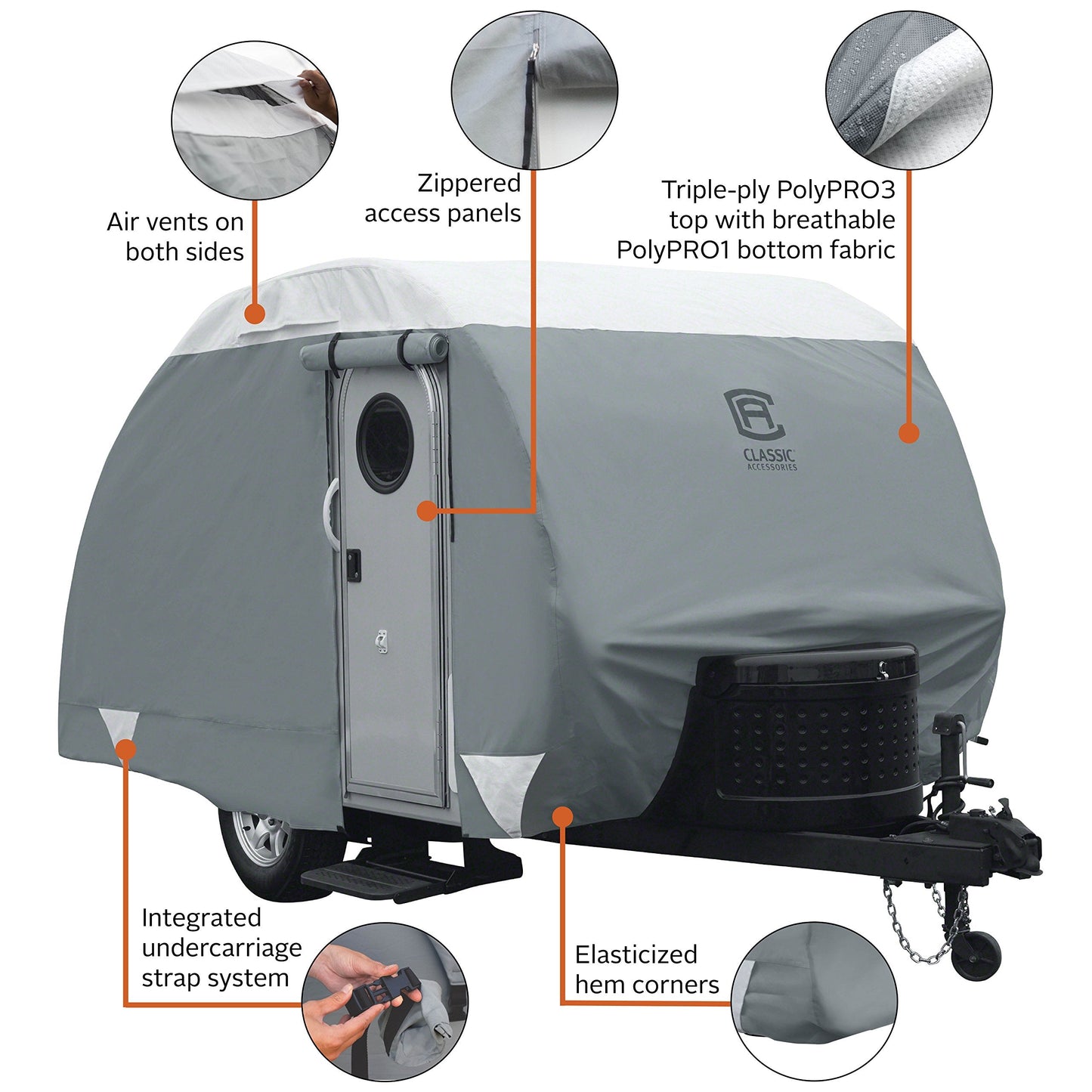 Classic Accessories Over Drive PolyPRO3 Deluxe Teardrop Trailer Cover, Fits 8'-10'L Trailers, RV Cover, Camper Cover, Travel Trailer Cover