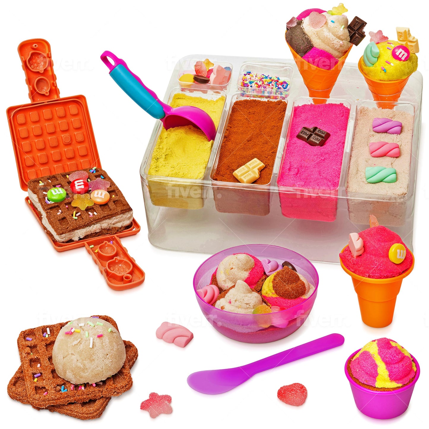 Kipipol Sensory bin - 29 pcs Ice Cream Toy Shop Play Sand Kit with 9 Ice Cream Sand Toys, 1.7 LB Moon Sand for Kids, Sandbox with A Lid - Pretend Play Sensory Toys for Girls and Boys Age 3-5 and Up