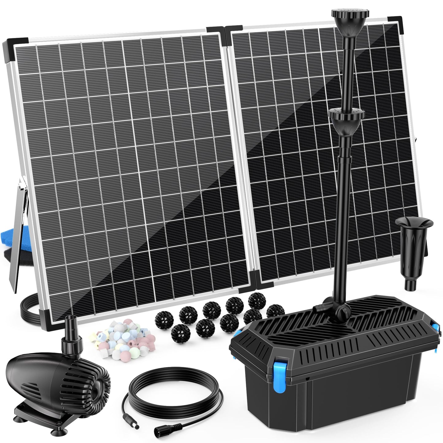 Antfraer 55W Solar Pond Filter, Solar Fountain Pump with Pond Filter Kit Adjustable Flow, Pond Filter Box with Filter Medias for Outdoor Ponds Fish Tank Pool Waterfall Koi Pond Water Features