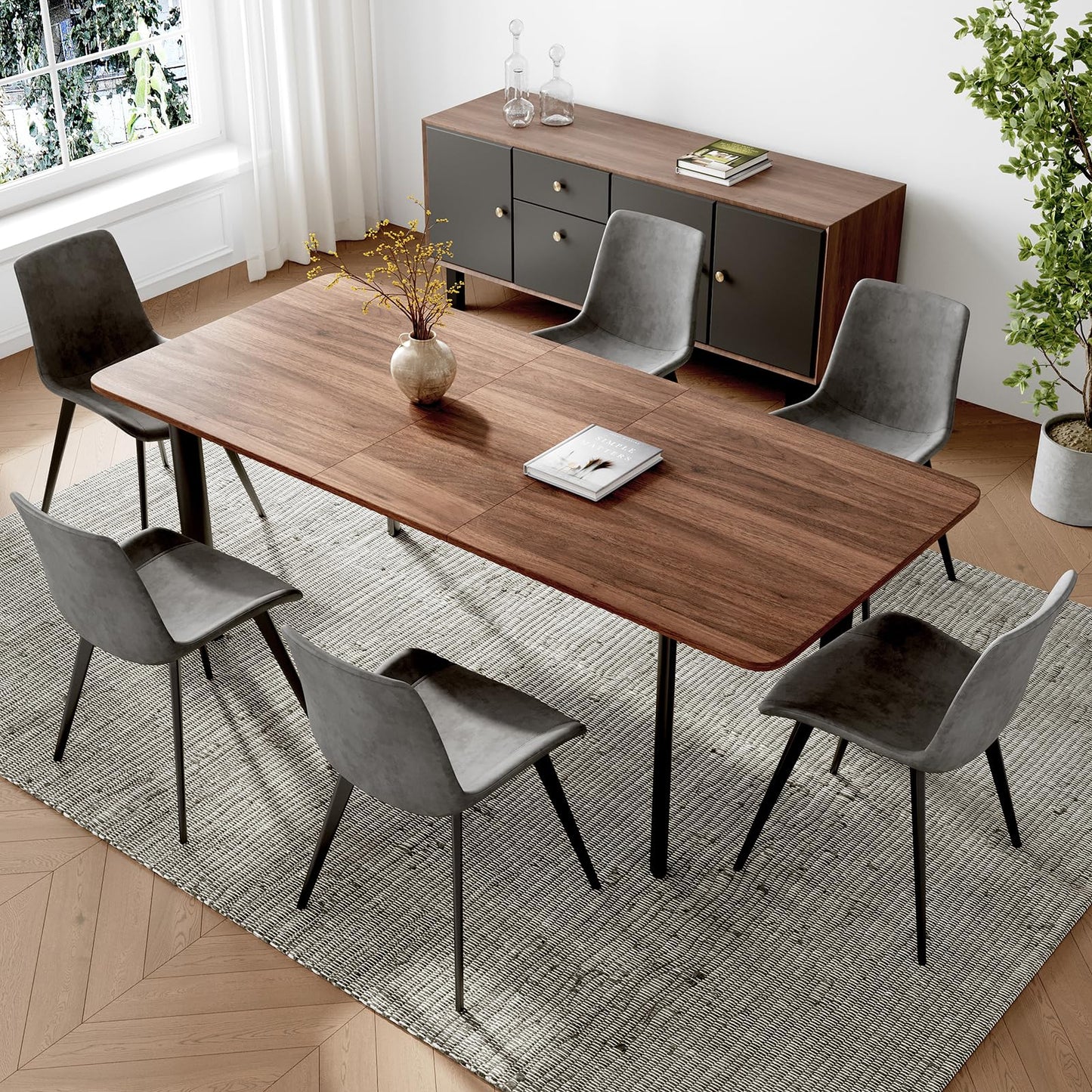 HIPIHOM 63"- 78.7" Extendable Dining Table Set for 6, Modern Kitchen Table with 6 PU Leather Chairs, Thickened Expandable MDF Wooden Table with Metal Legs for Dining Room, Kitchen, Living Room