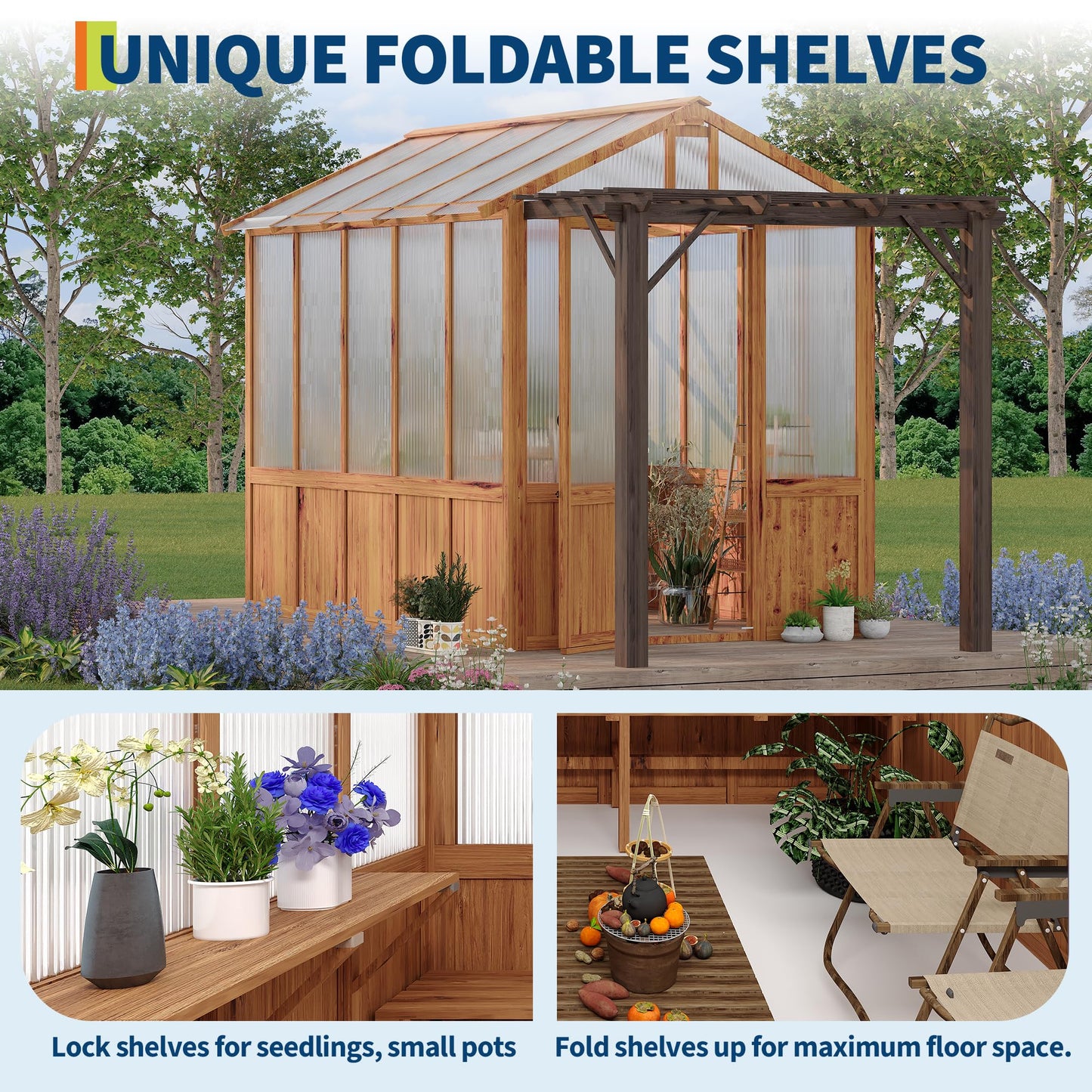 8X13ft Greenhouse Kit with Pergola, Wooden Walk-in Green House with Cedar Frame, Greenhouse Kit with 6mm Thick Polycarbonate Panel