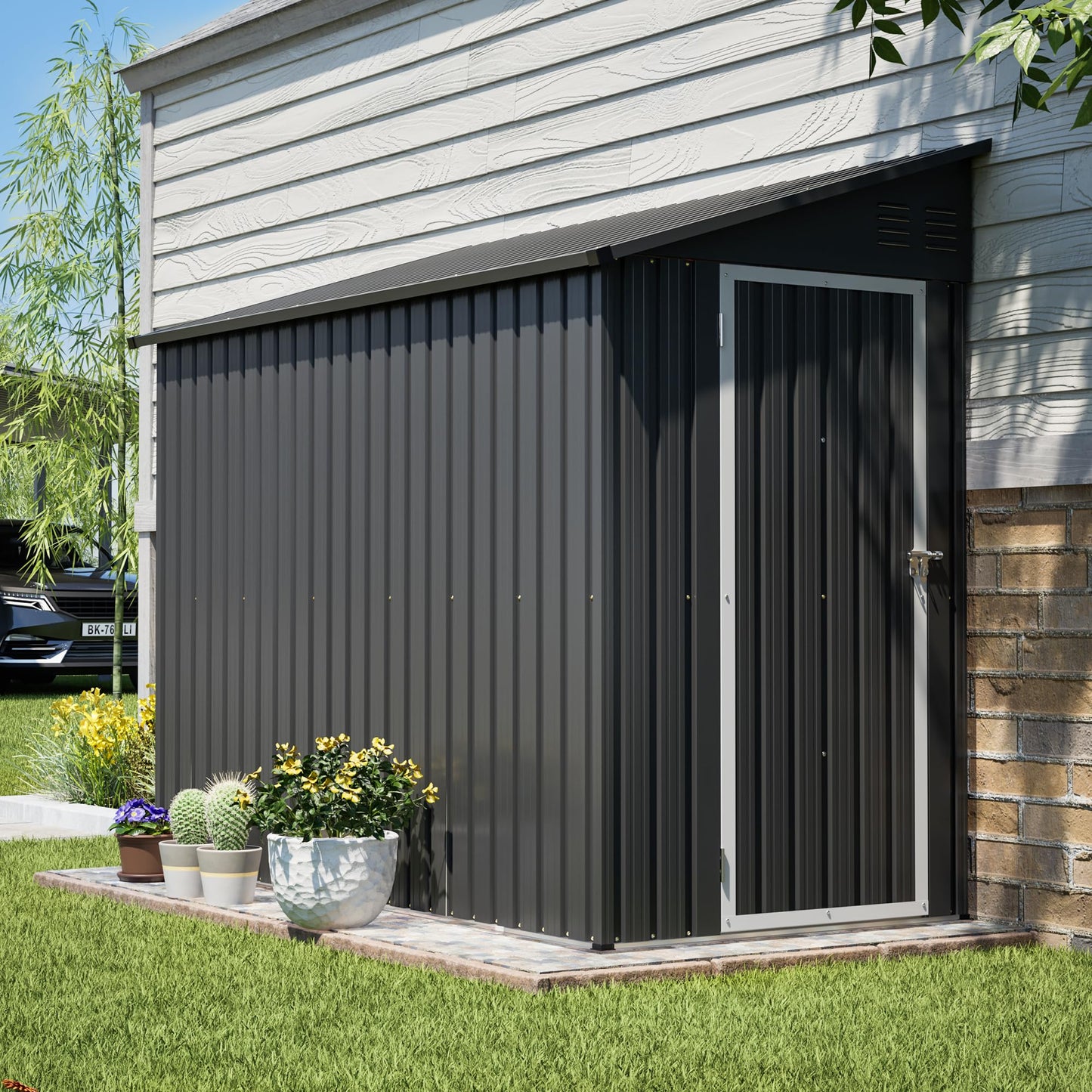 YOPTO 4x8 FT Lean to Outdoor Storage Shed,Metal Shed W/Floor Frame & Reversible Installation,All Weather Waterproof Garden Tool House W/Lockable Door & 2 Air Vents,for Backyard,Patio,Lawn,Black