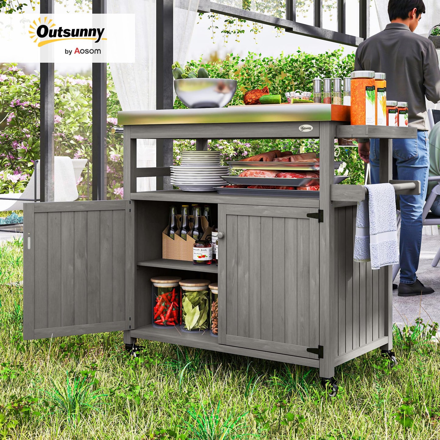Outsunny Outdoor Grill Cart with Wheels and Storage, Solid Wood Outdoor Kitchen Island with Stainless Steel Top, Movable Bar Cart with Spice Rack, Side Handle, Integrated Hole for BBQ, Gray