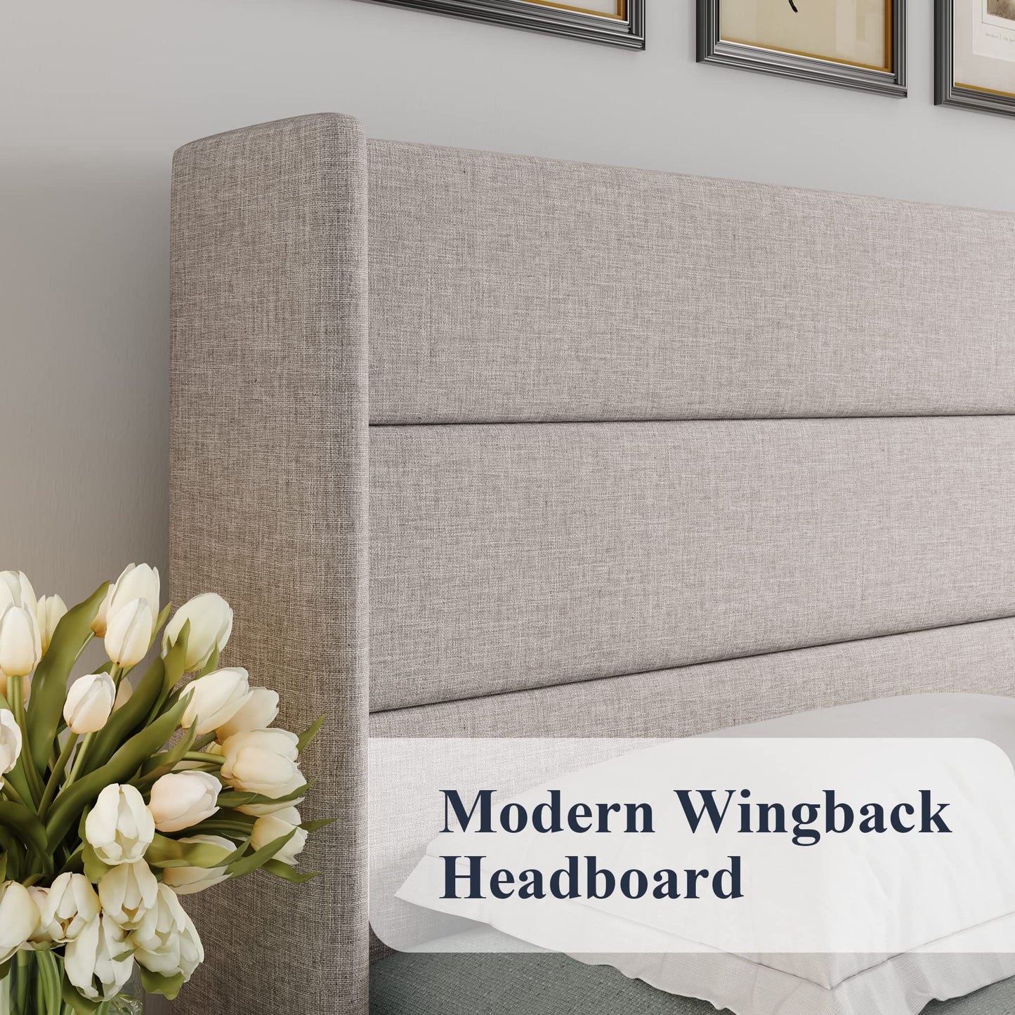 Allewie King Size Lift Up Storage Bed, Modern Wingback Headboard, Hydraulic Support, No Box Spring Needed, Light Beige