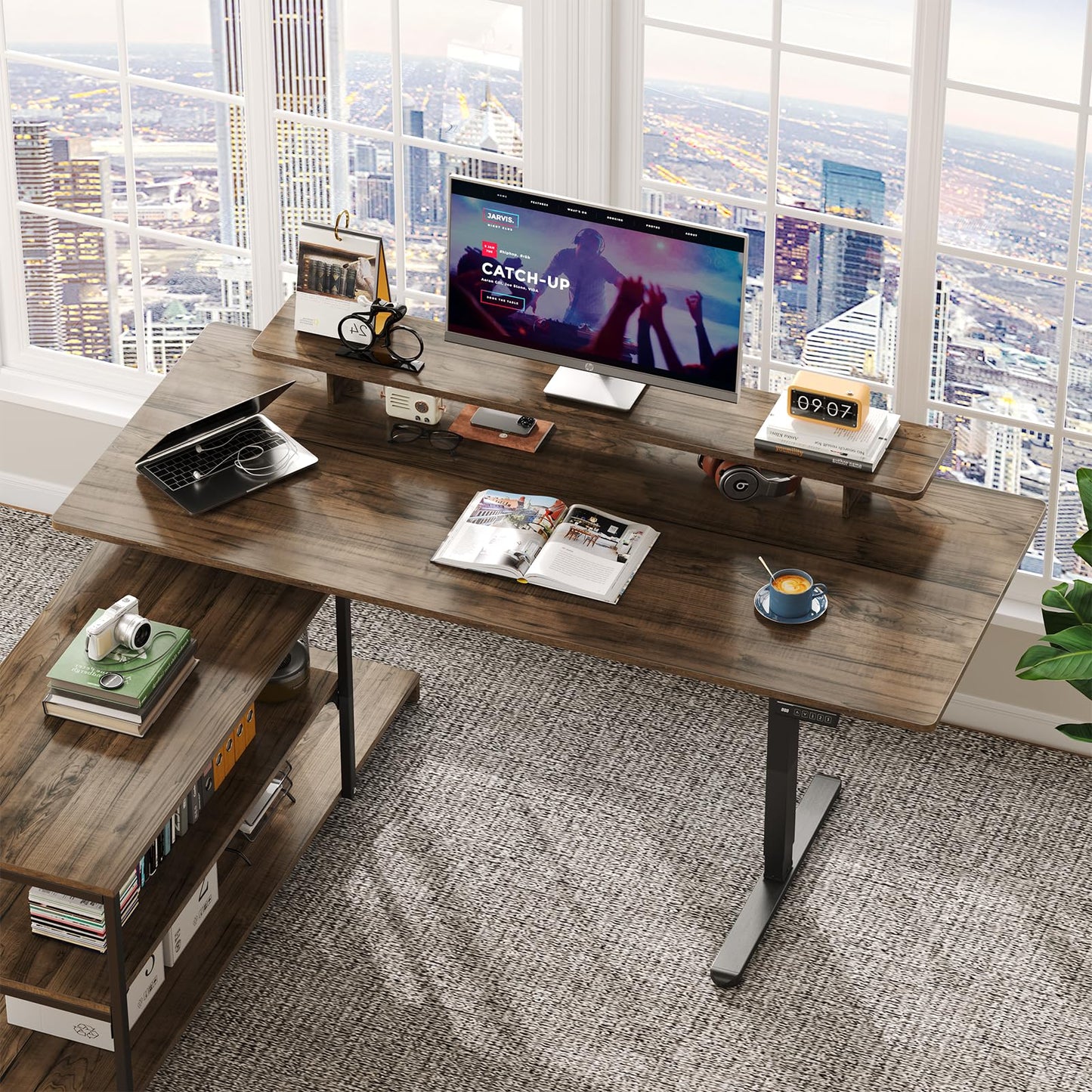 Lefurture Standing Desk with File Cabinet, 55x24'' L Shaped Electric Stand Up Desk with Adjustable Monitor Shelf, Adjustable Height 28-46'' for Home and Computer Workstation, Walnut