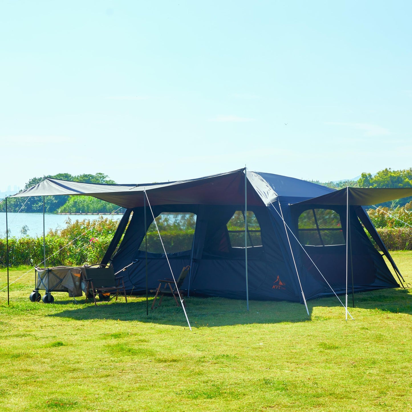 KTT Extra Large Tent 12 Person,Awning Family Cabin Tents,2 Rooms,4 Doors and 4 Windows with Mesh,Straight Wall,Waterproof,Double Layer,Big Tent for Outdoor,Picnic,Camping,Family Gathering(Black)