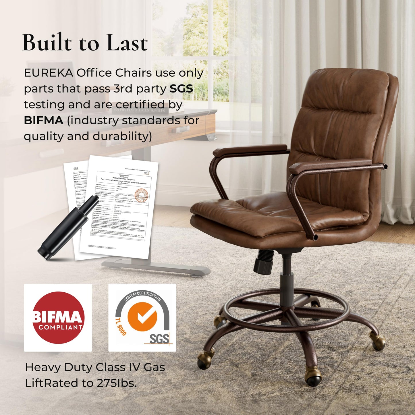 EUREKA ERGONOMIC Mid-Century Vintage Office Chair, Faux Leather Executive Desk Chair with Unique Ball Casters and Fixed Footrest Ring, Brown Retro Swivel Chair for Home Office and Study, Brown