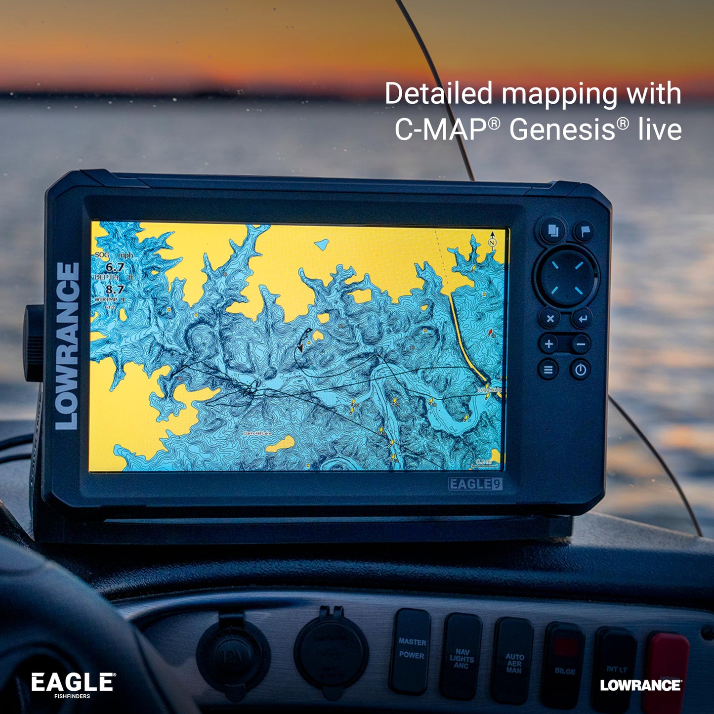 Lowrance Eagle 9 FishFinder/Chartplotter with TripleShot HD Transducer and C-MAP Inland Charts, 9-inch IPS Screen, Black, 000-16126-001