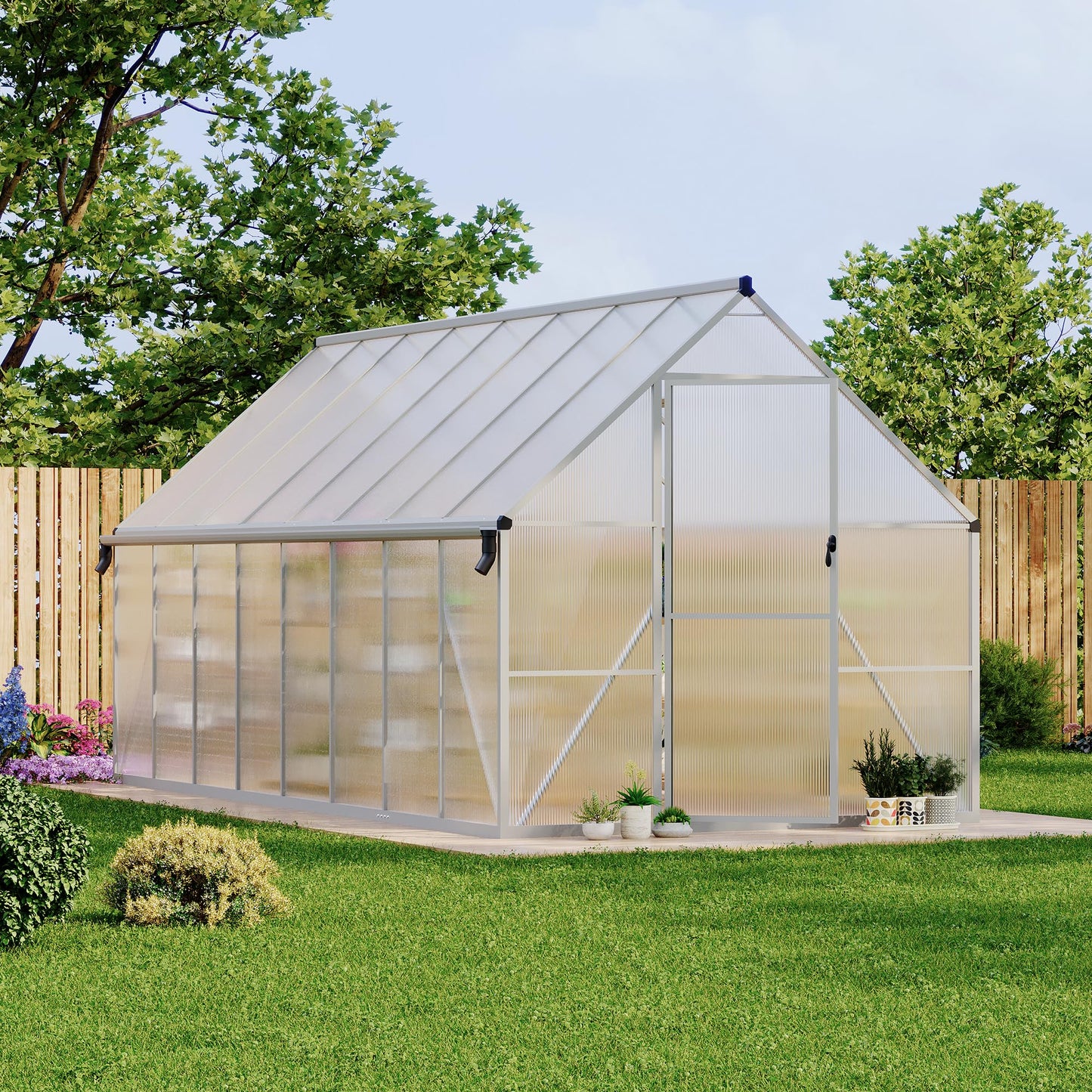 8X16 ft Polycarbonate Greenhouse with Aluminum Frame, Polycarbonate Greenhouse for Outdoors, Greenhouses with Ventilation and Rain Gutter, Aluminum Large Walk-in Greenhouses for Outside