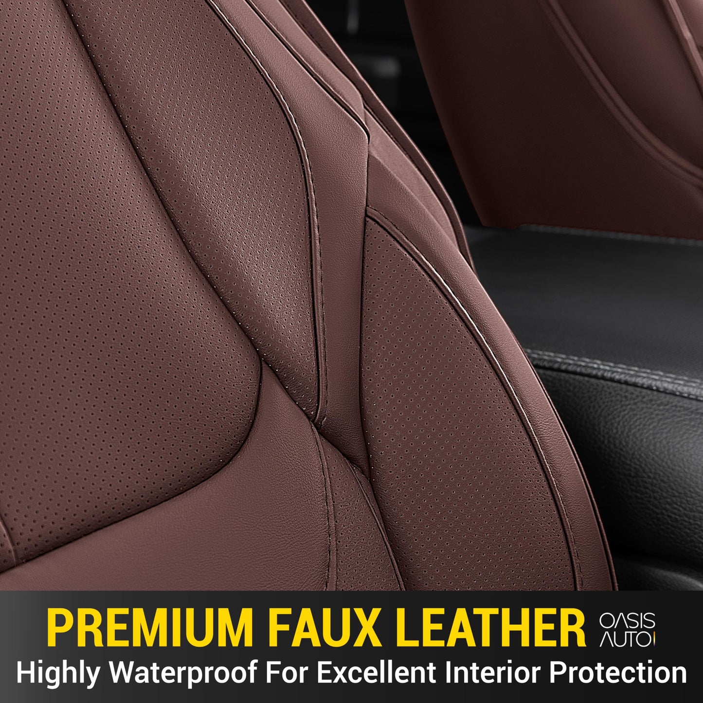 OASIS AUTO Custom Fit Seat Covers Compatible with Ford F150/F250/F350/F450 2015-25/Lightning 2022-24/Super Duty 2017-25 Waterproof Faux Leather Ultimate Truck Seat Covers (Full Set, Brown)