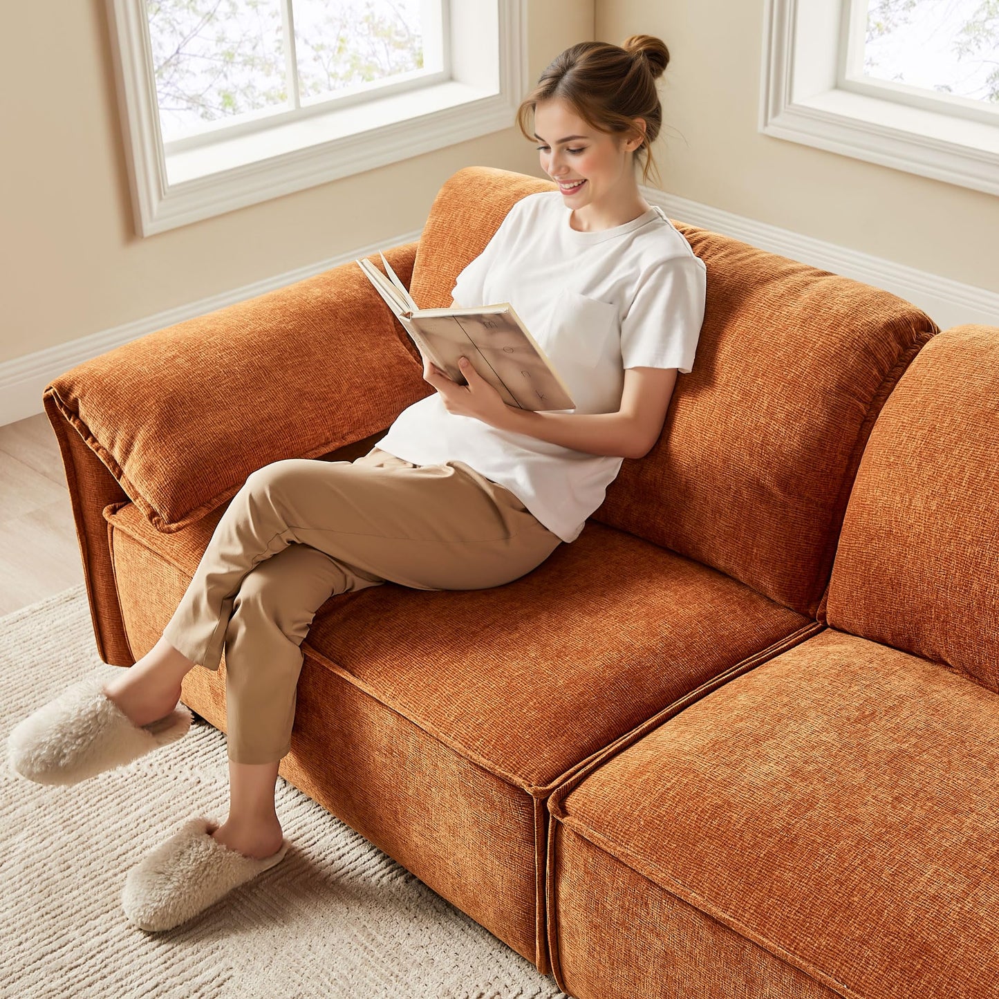 VANOMi 92.9" Sofa Couch for Living Room, Modern Comfy 3-Seater Cloud Sofas, Chenille Small Couches for Small Spaces, Upholstered Deep Seat Couch for Bedroom, Apartment (Curry)