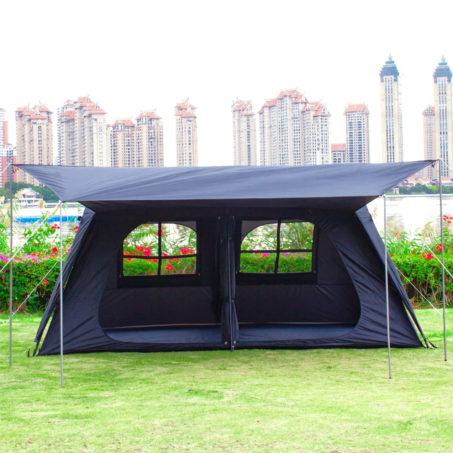 KTT Extra Large Tent 12 Person,Awning Family Cabin Tents,2 Rooms,4 Doors and 4 Windows with Mesh,Straight Wall,Waterproof,Double Layer,Big Tent for Outdoor,Picnic,Camping,Family Gathering(Black)