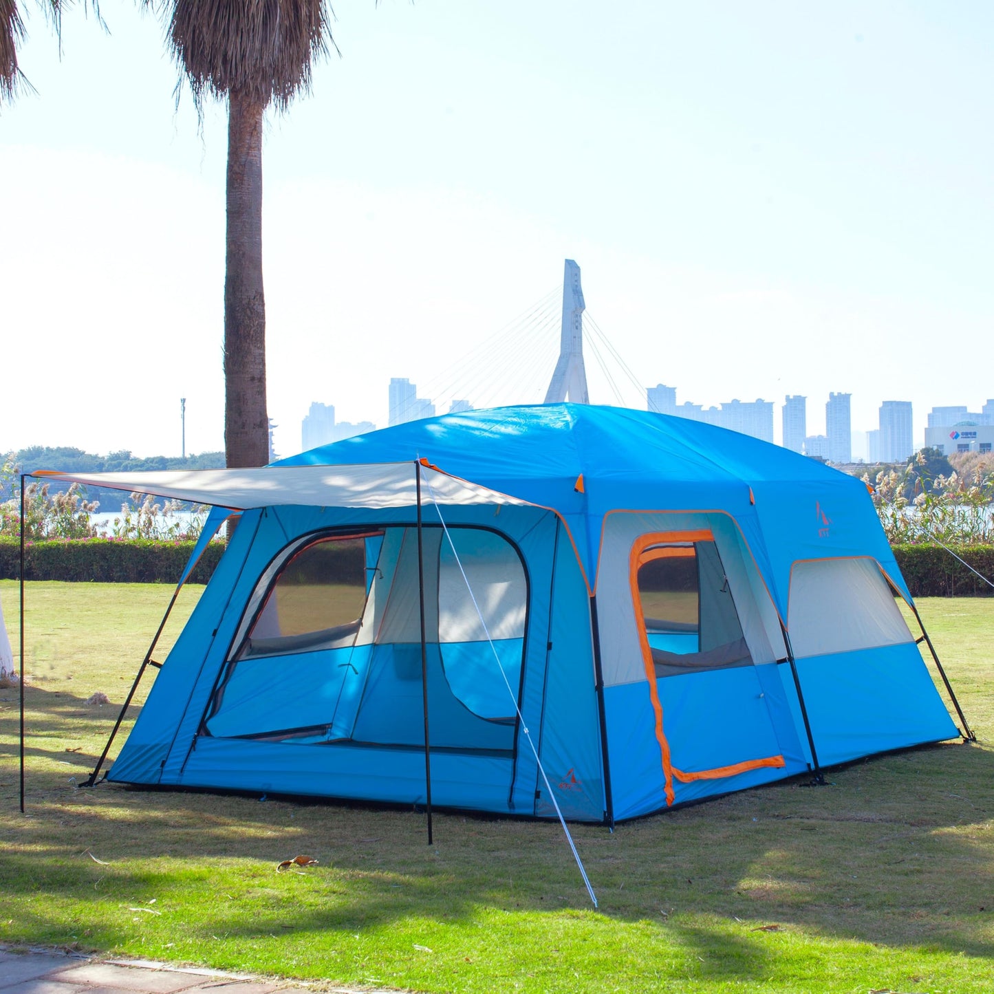 KTT Extra Large Tent 12 Person,Family Cabin Tents,2 Rooms,3 Doors and 3 Windows with Mesh,Straight Wall,Waterproof,Double Layer,Big Tent for Outdoor,Picnic,Camping,Family Gathering(Blue)