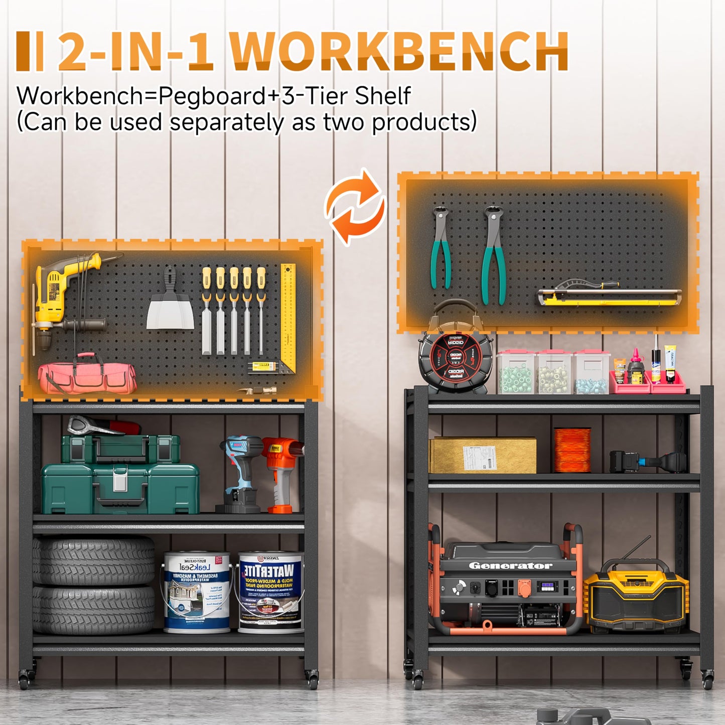 48" H Metal Garage Workbench with Pegboard,3-Tier Roling Tool Work Bench,Adjustable Heavy Duty Work Table on Wheels,Black Mobile Workstation for Garage Warehouse Workshop,Screwless Design