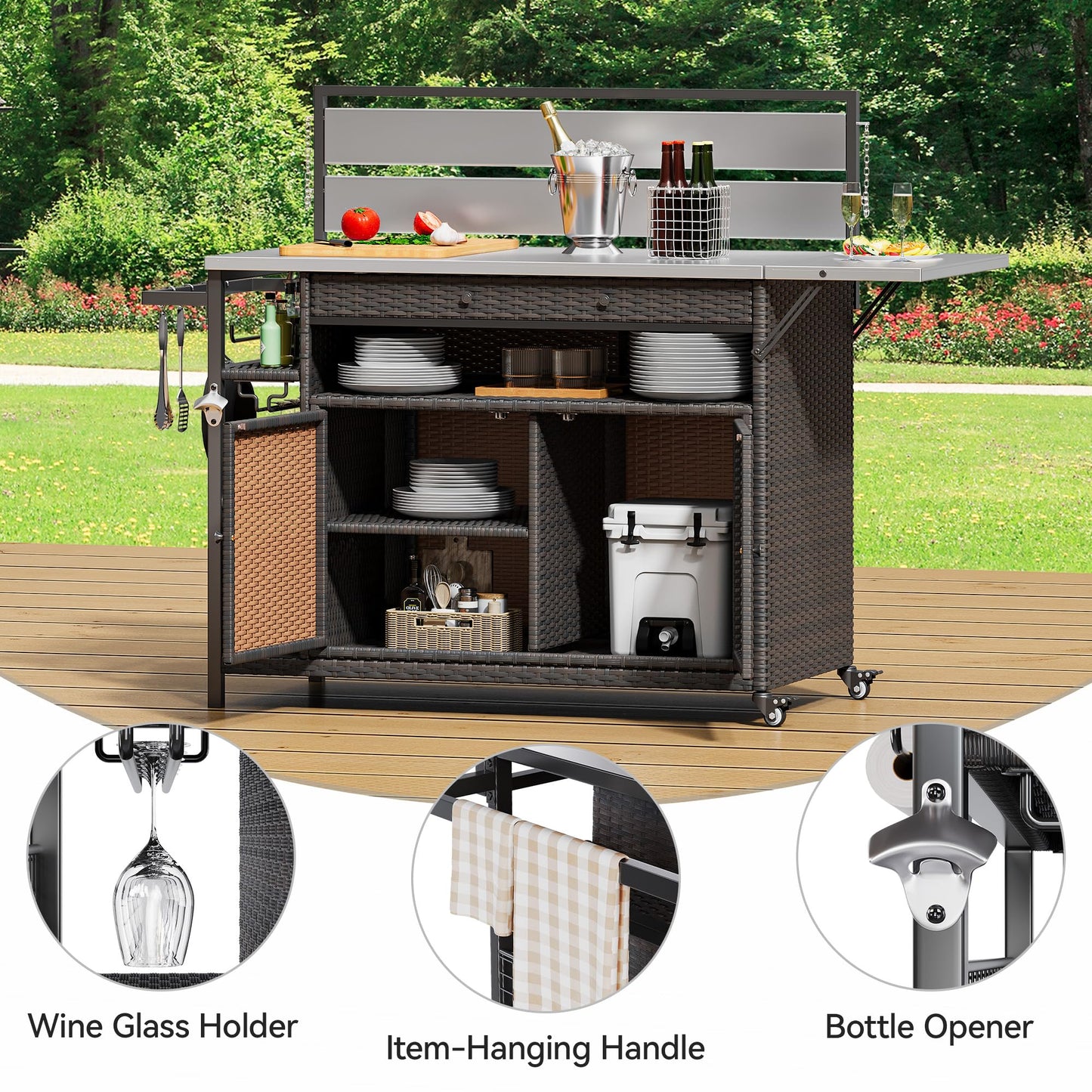 YITAHOME XL Outdoor Kitchen Island, Outdoor Bar Table & Storage Cabinet, Wheels and Stainless Steel Extended Table Top, Side Handle for Patio Kitchen or Bar Cart, Dark Brown