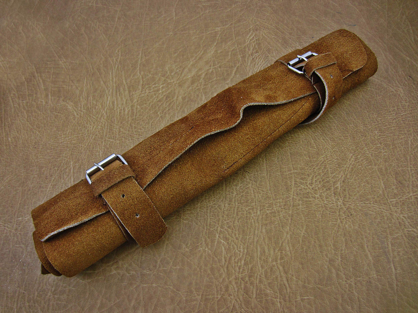 5 Pieces Damascus steel Hammered kitchen knife set, 2 tone Orange wood scale, 54 inches long sharp knives, Custom made hand forged Hammered Damascus steel blade, Goat suede Roll Leather sheath