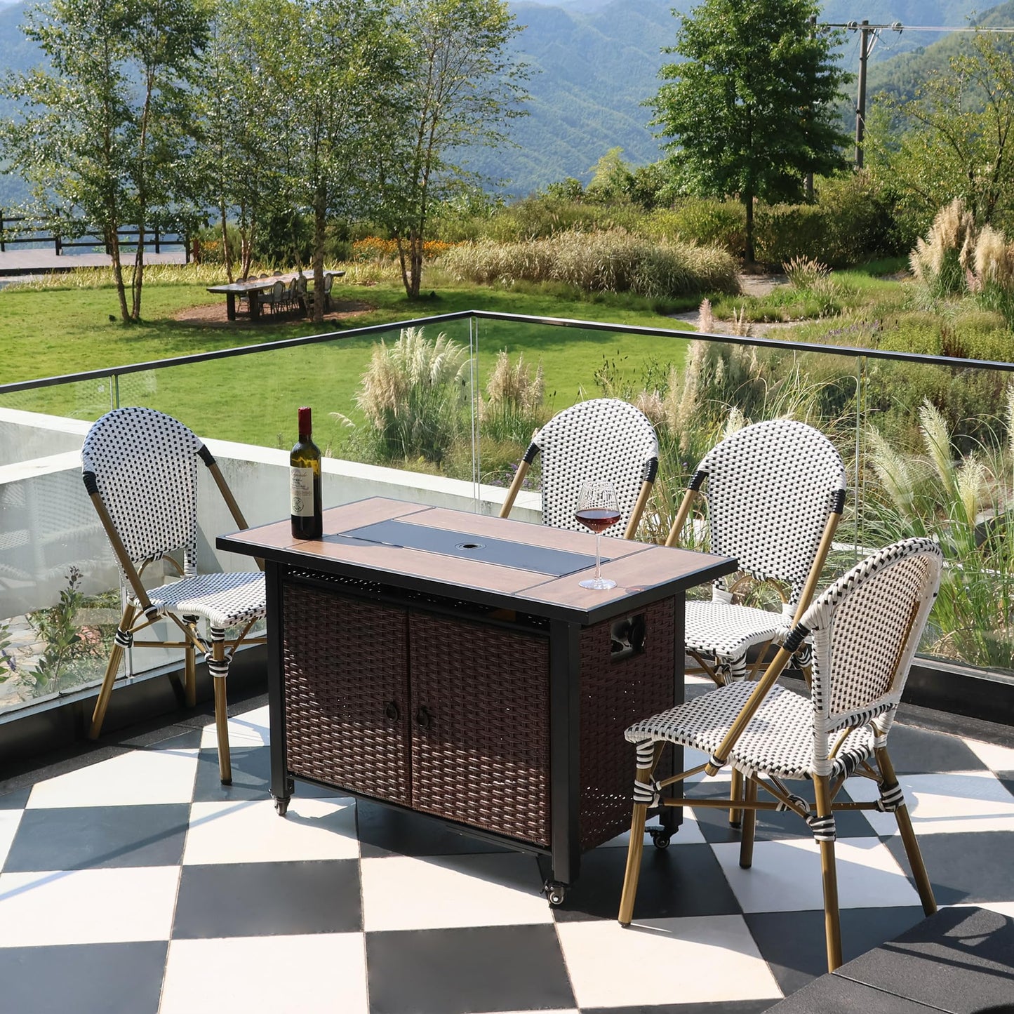 walnest 43 Inch Outdoor Fire Table with Ceramic Tile Tabletop Propane Fire Pit Table 60,000 BTU Gas FirePit CSA Certified Wicker Rattan Fire Table with Lid Glass Rock Wheels Waterproof Cover Gloves
