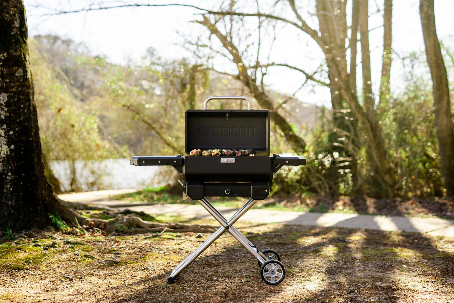 Masterbuilt® Electric Portable Charcoal Grill and Smoker with SteadyTemp Analog Temperature Control, Collapsible Cart and 200 Cooking Square Inches in Black, Model MB20040722