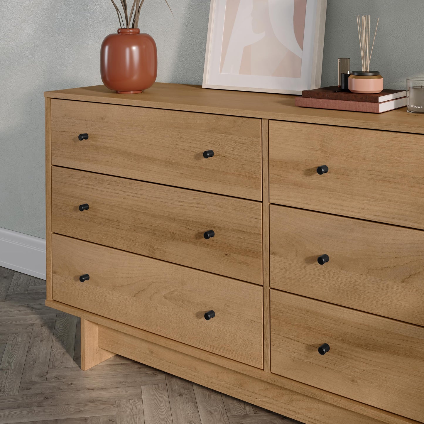 Prepac Finnley 6-Drawer Dresser in Natural Oak, Dresser for Bedroom, Extra-Wide Chest of Drawers with Storage, Modern Clothing Organizer for Home, Bedroom, Living Room, 16" D x 61" W x 31" H