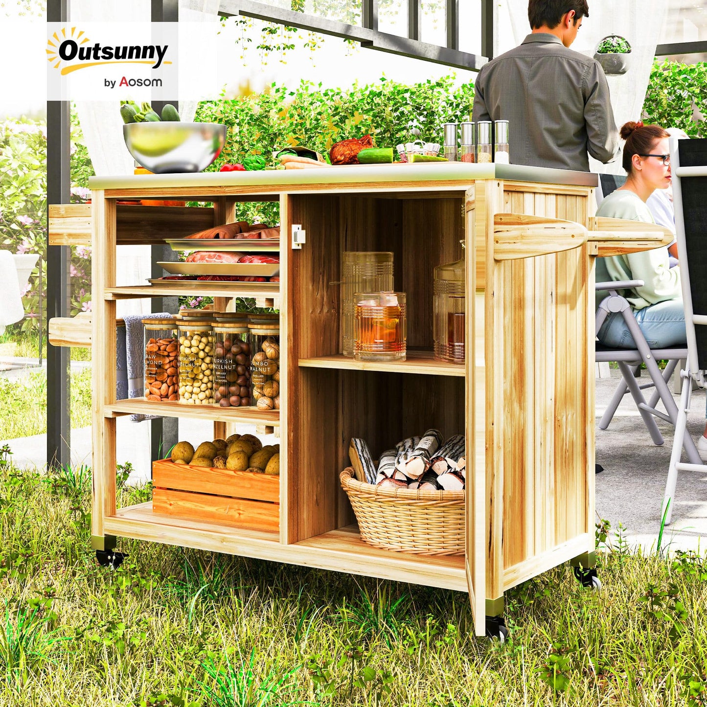 Outsunny Outdoor Grill Cart with Wheels and Storage Cabinet, Solid Wood Outdoor Kitchen Island with Stainless Steel Top, Movable Bar Cart for BBQ and Camping, Spice Rack and Towel Holder, Natural Wood