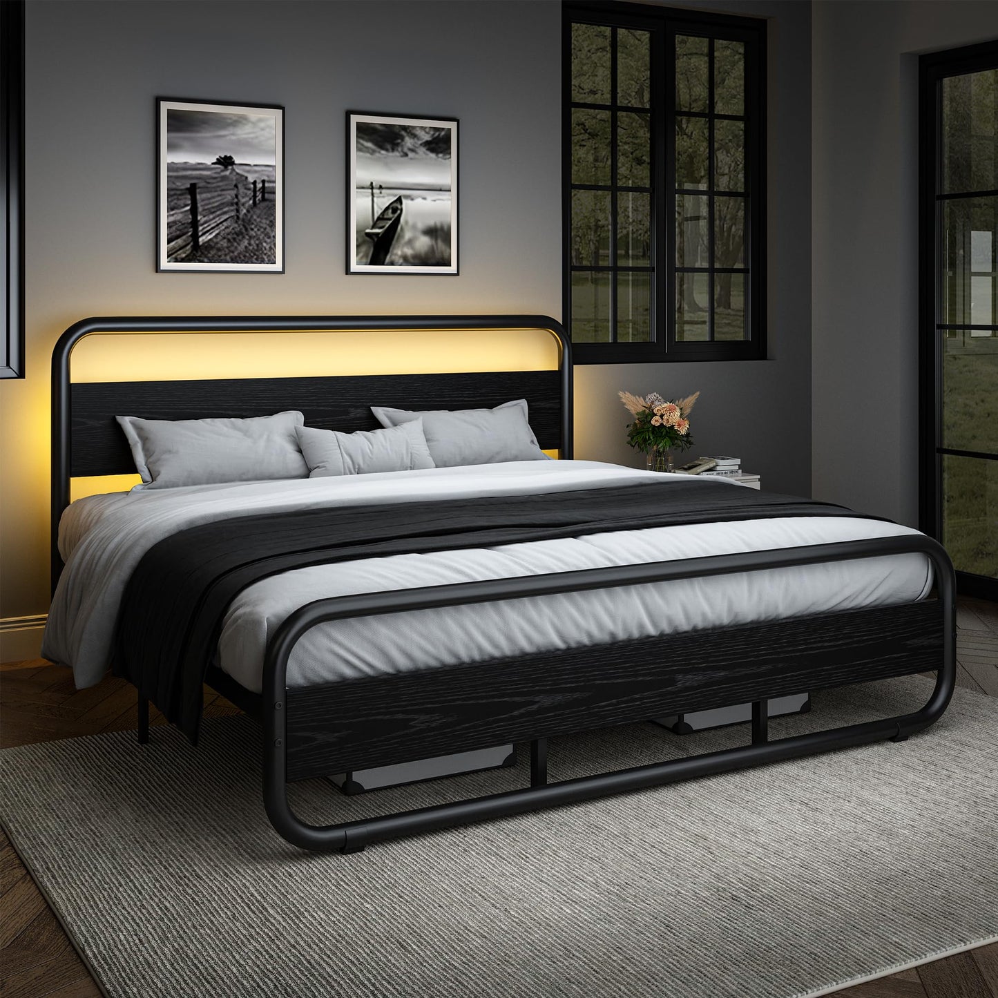 Catrimown Queen Bed Frame with LED Lights, Heavy Duty Metal Rustic Platform Bed Frame Queen Size, with Headboard, Under Bed Storage, Noise Free, No Box Spring Needed, Black
