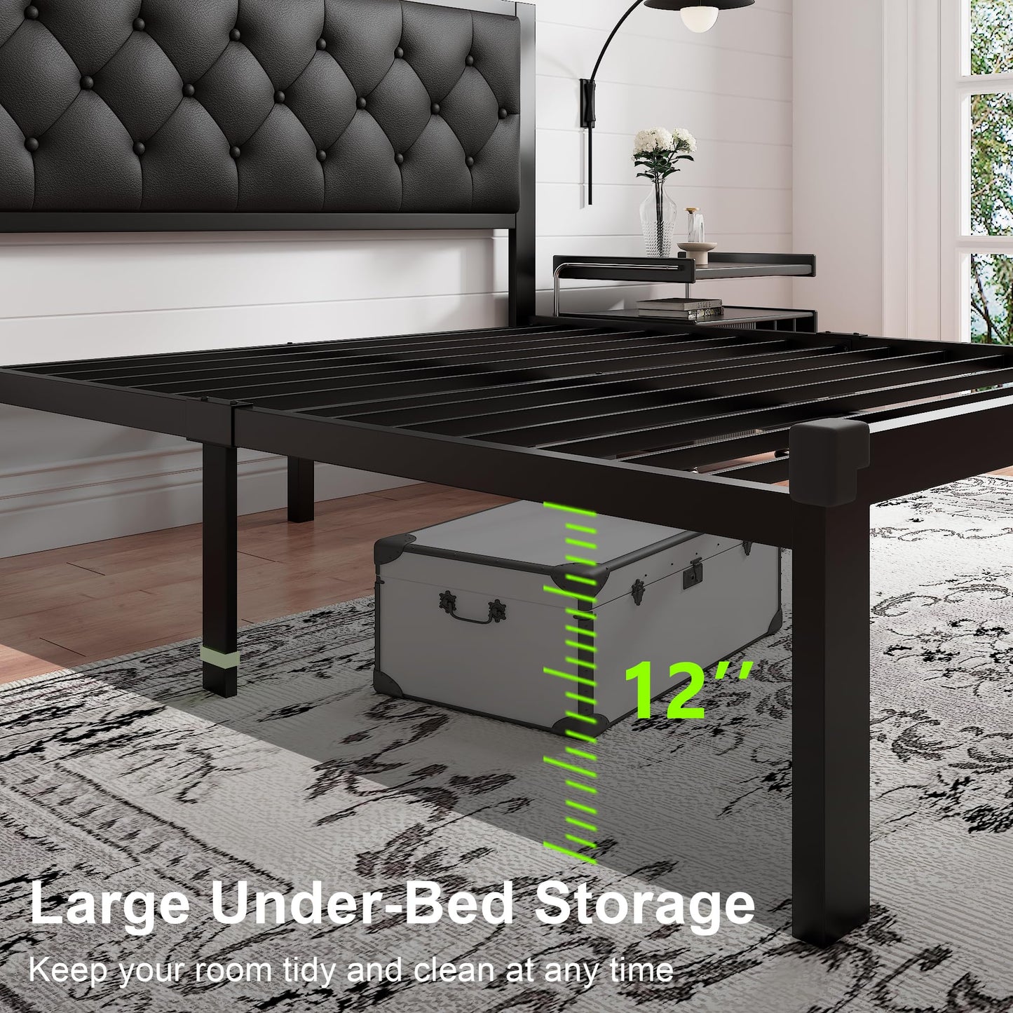 Feonase Queen Size Metal Bed Frame with Faux Leather Button Tufted Headboard, Heavy-Duty Platform Bed Frame with 12" Storage, Steel Slats Support, No Box Spring Needed, Noise Free, Matte Black