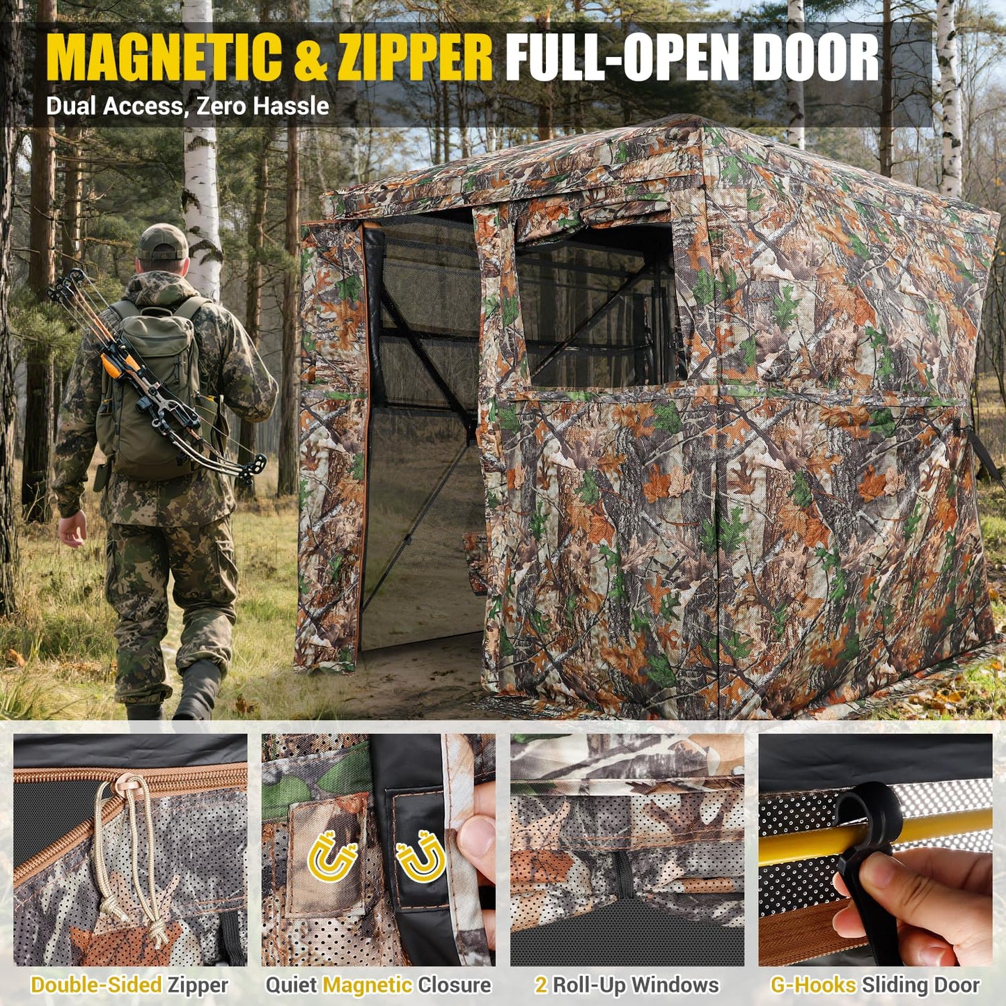 TYRSEN Hunting Blind with Magnetic Full Open Large Door & Silent Windows, 360° See Through Pop Up Ground Blind for 3-4 Person, Tent for Deer Turkey Hunting, Waterproof, Camo, Portable, Carry Bag