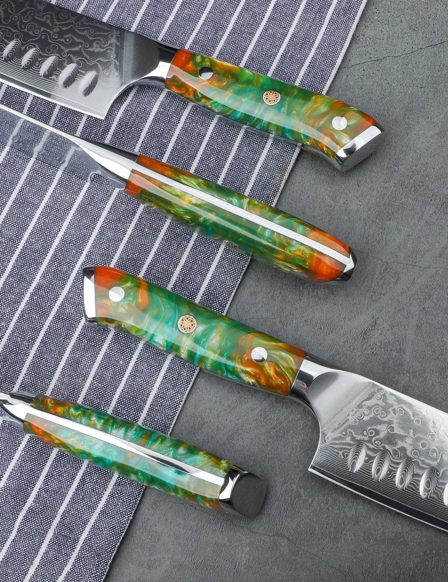 SANMUZUO Chef Cooking Knives Set- Kitchen Knife Set of 5 Piece - Ultra-Sharp VG10 Damascus Steel & Resin Handle - Xuan Series (Fantasy Orange)